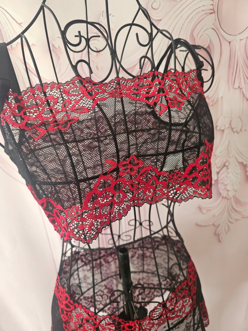 Ladies Red & Black Lacy Underwear  Set with Matching Stockings