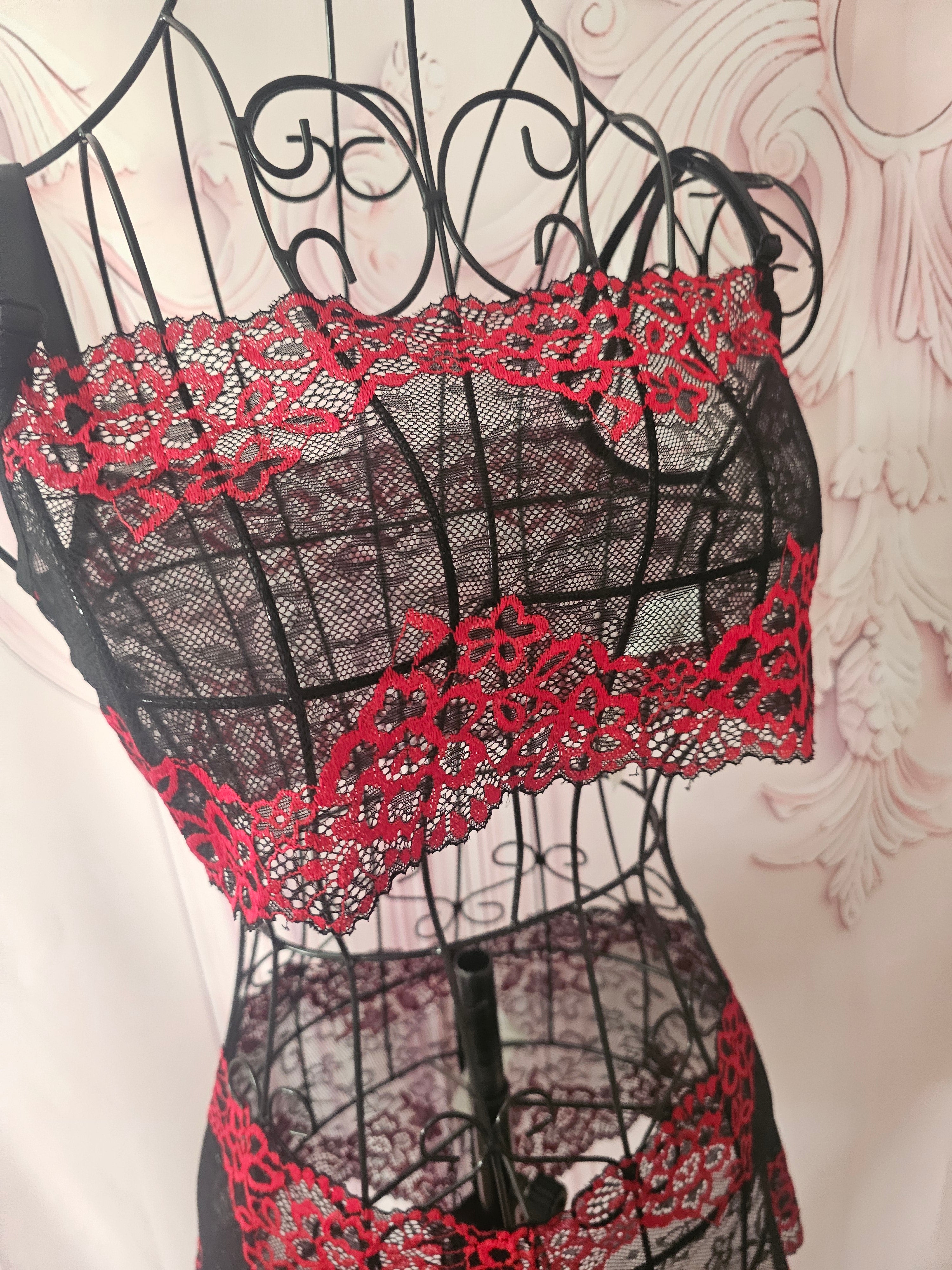 Ladies Red & Black Lacy Underwear  Set with Matching Stockings