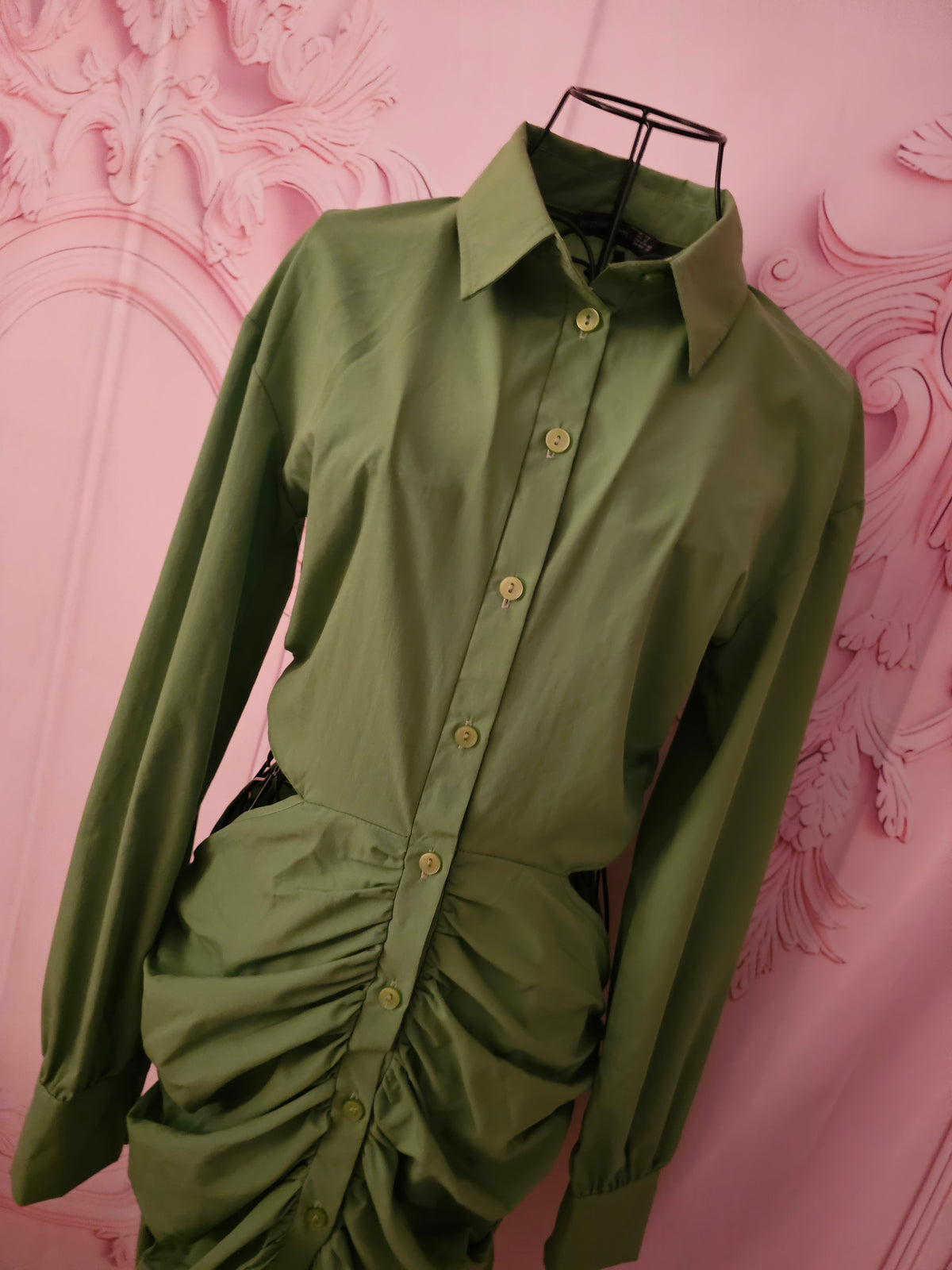 Ladies Green Pretty Little Thing Shirt Dress with Ruffled Sides