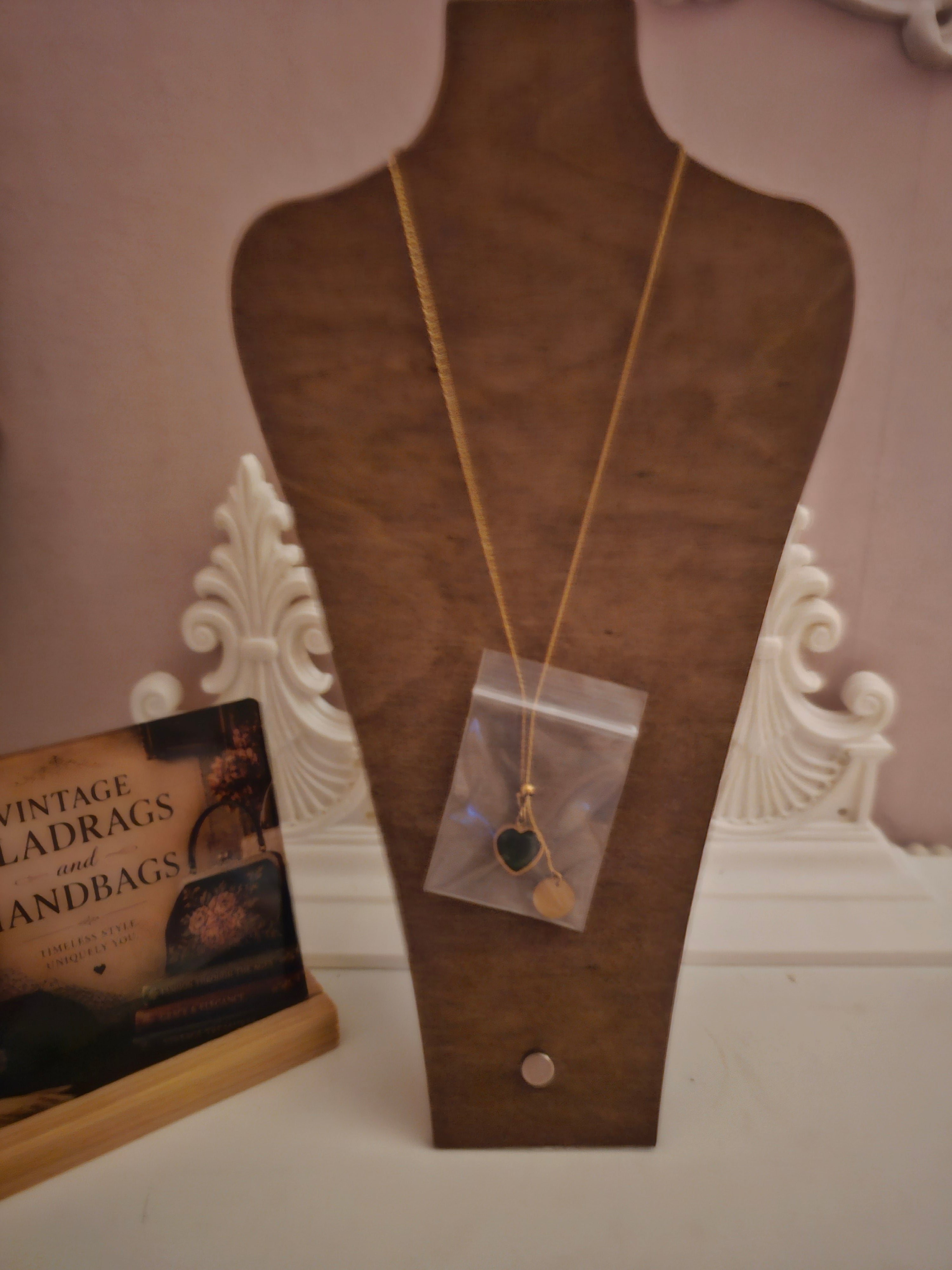 Ladies Gold Necklace with Emerald Green Heart and Gold Circle Pendant