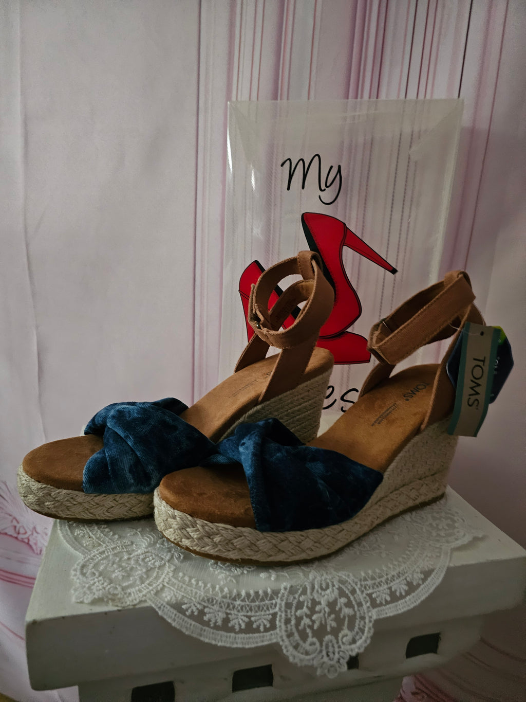 Ladies Toms Blue espadrille Wedges with brown leather ankle strap
