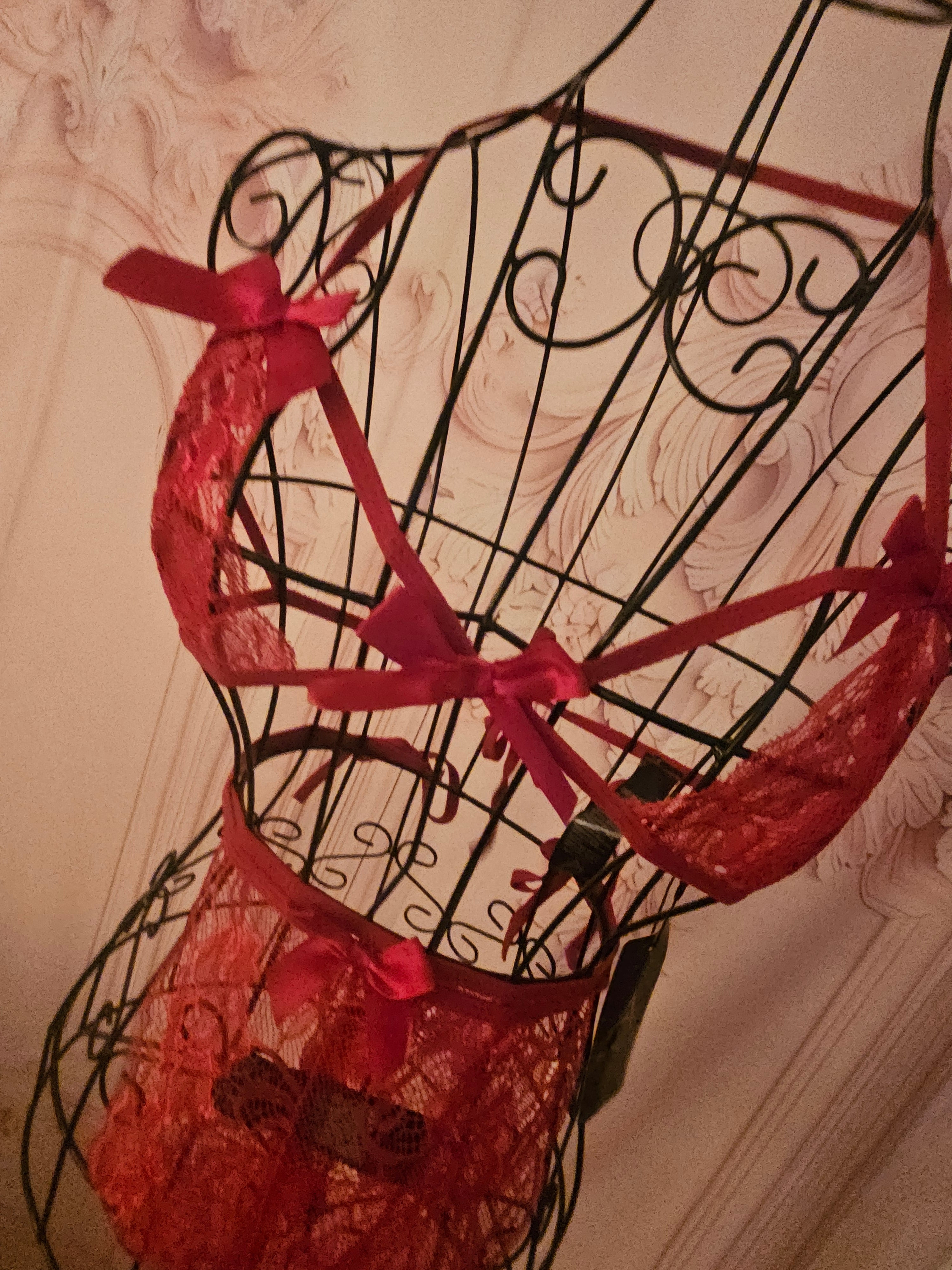Ladies red lacy underwear set with red bows