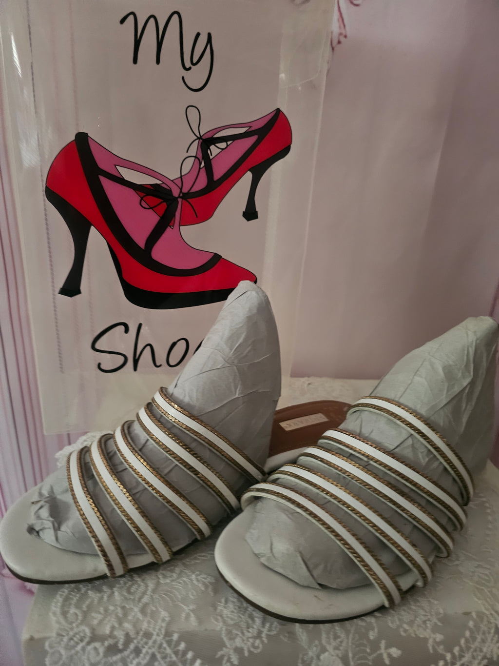 Ladies 2 x Strappy Slip ons with Gold Design Flat Heels 1 x black 1 x white