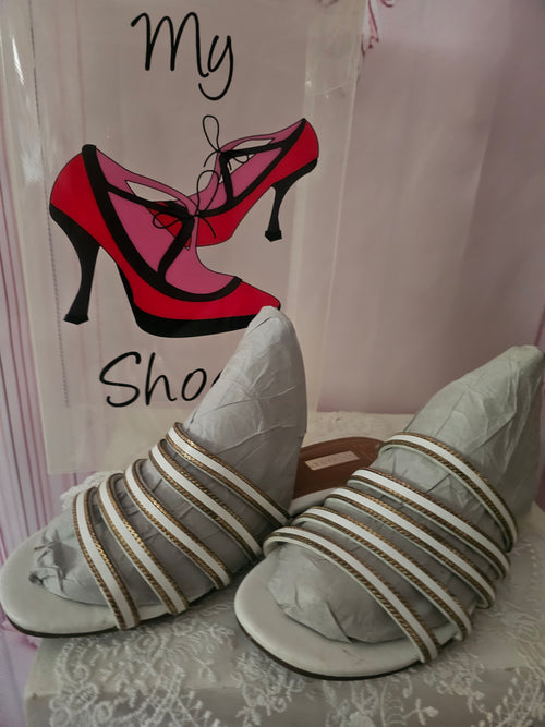 Ladies 2 x Strappy Slip ons with Gold Design Flat Heels 1 x black 1 x white