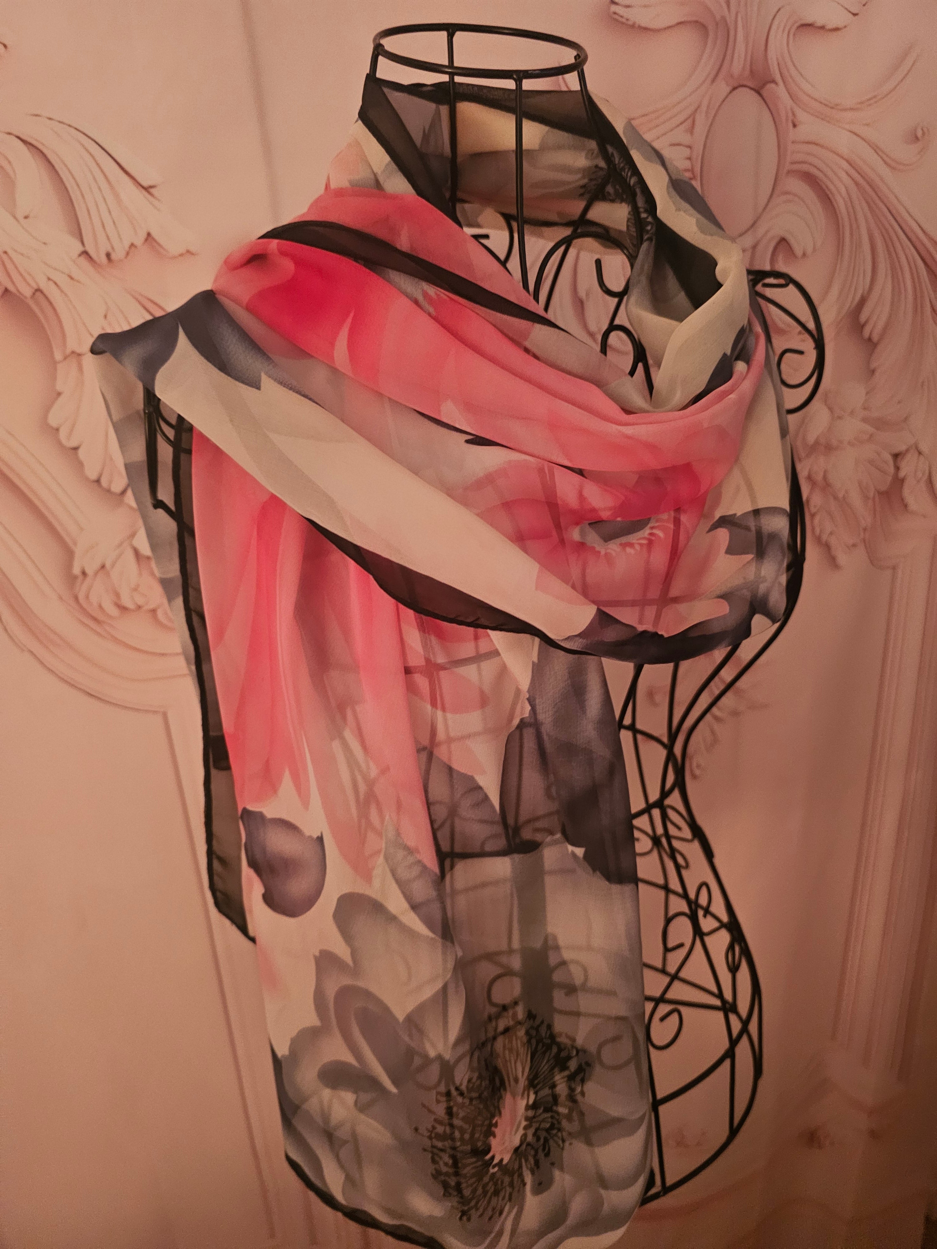 Ladies Pink, Black & White floral Design Silk Blend Neck/Head Scarf