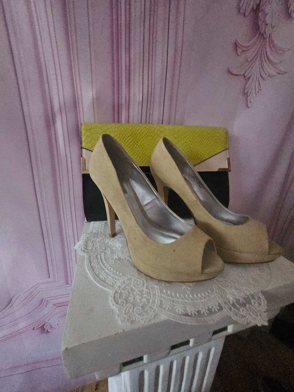 Ladies Next Lime Green Suede Peep Toe Heels