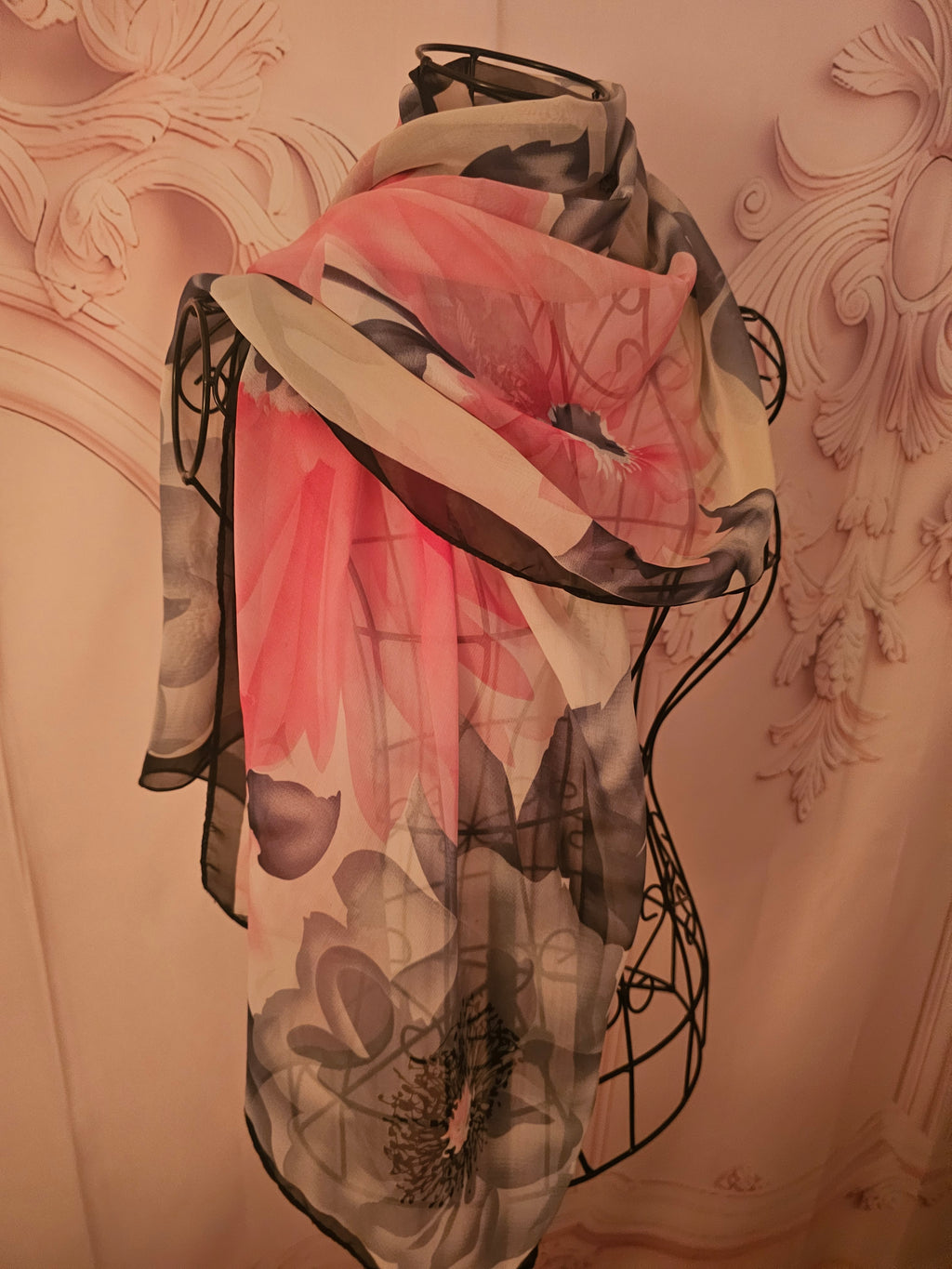 Ladies Pink, Black & White floral Design Silk Blend Neck/Head Scarf