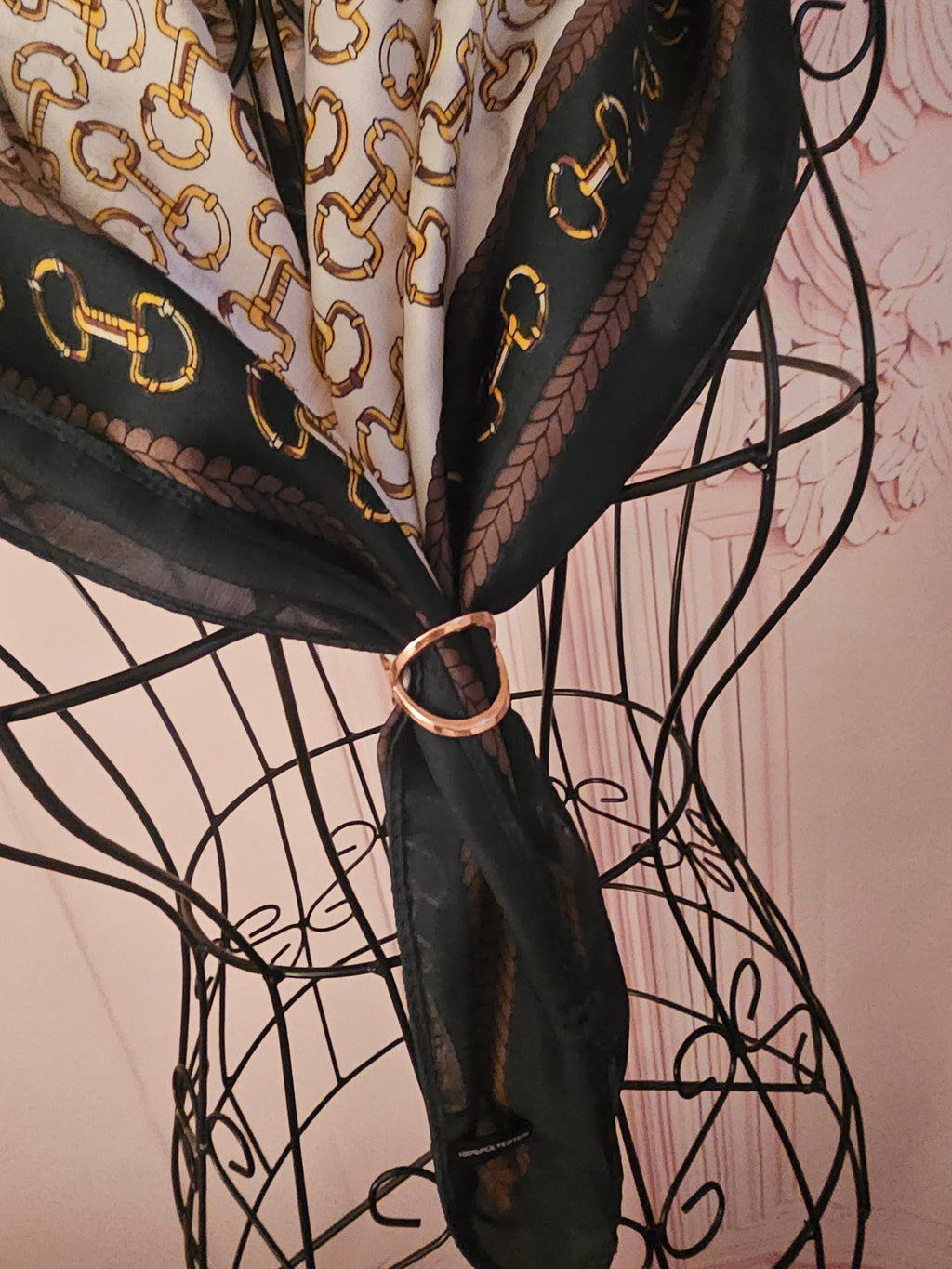Ladies Silk Blend Dark Green & Cream with Gold Chain Design Head / Neck Scarf