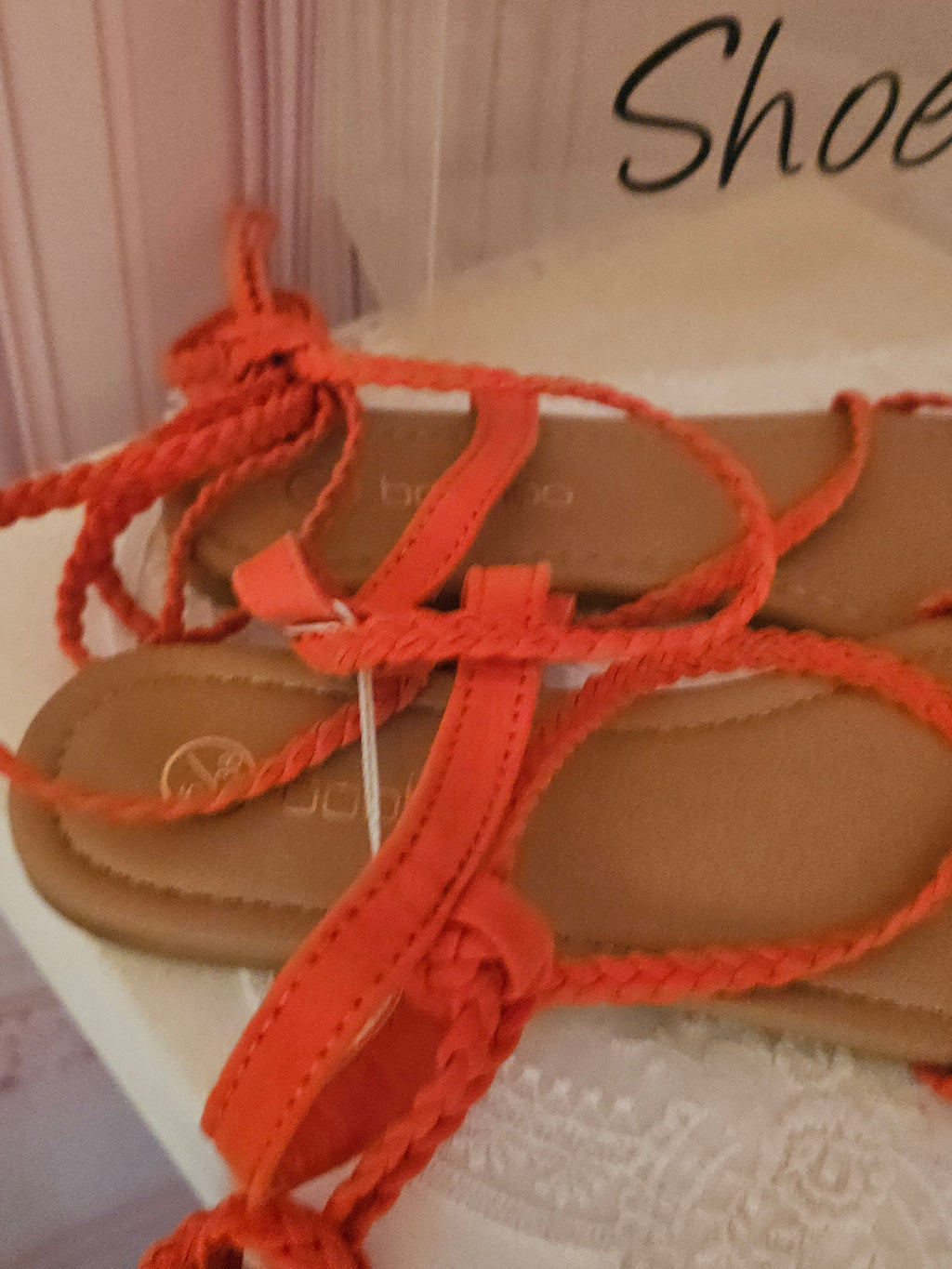 Ladies Coral Boohoo Tie up leg flat sandals