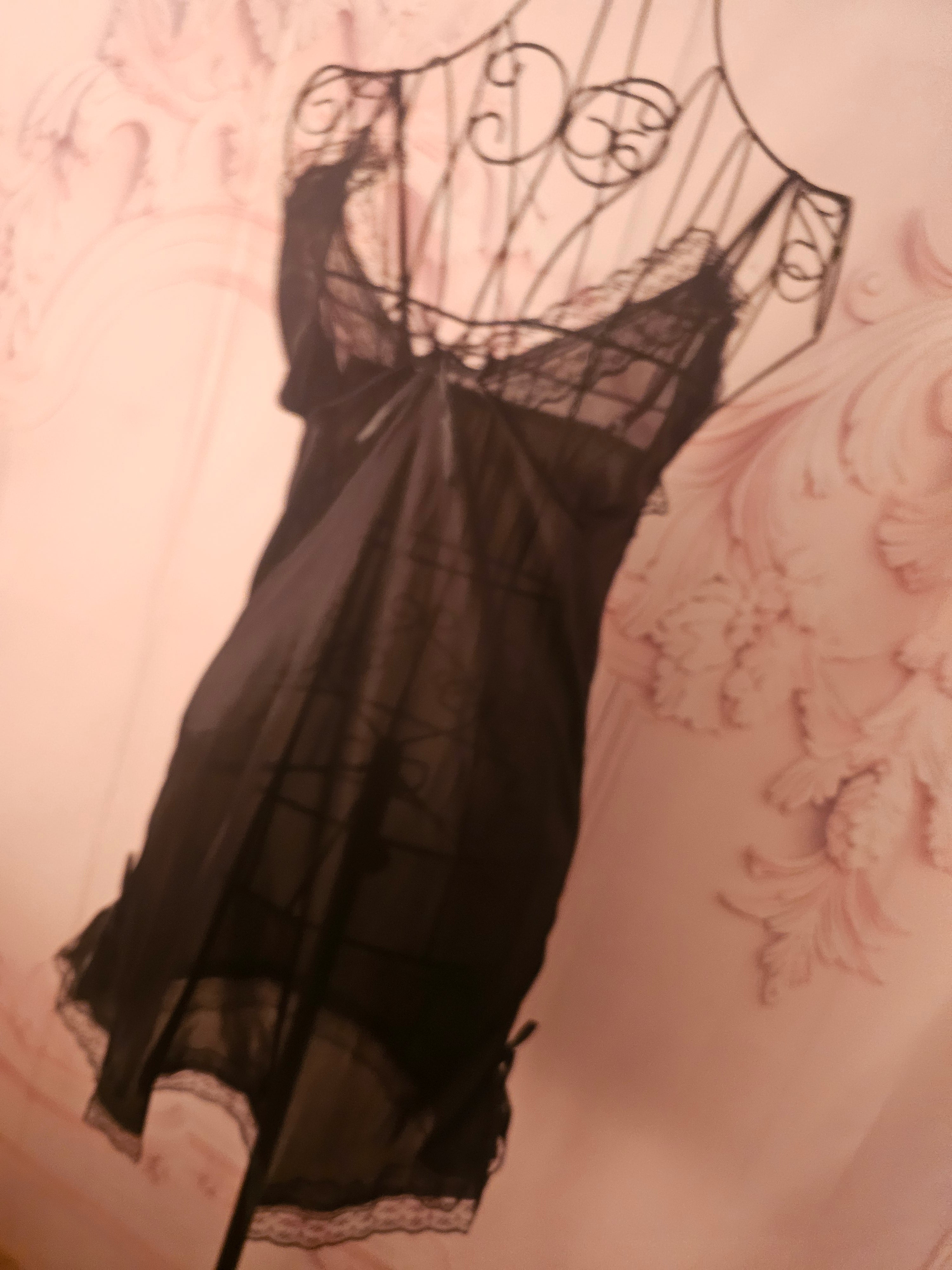 Ladies Black Silky Night Slip with Matching Gstring