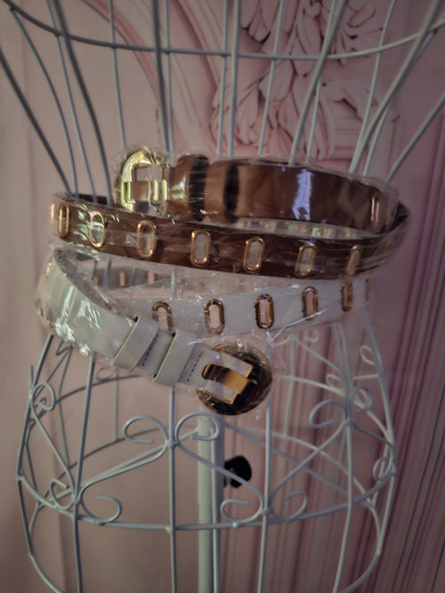 Ladies 2 x Chunky Dress Belts 1 x White 1 x Brown with Large Gold Buckle