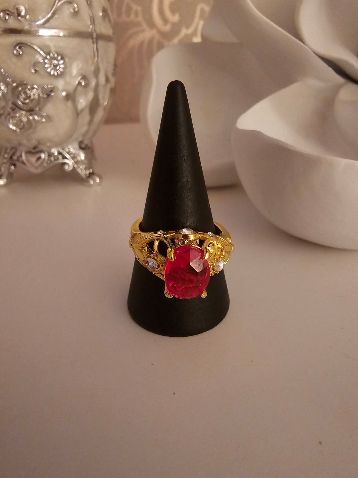 Ladies Yellow Gold Dress Ring with Ruby Stone setting