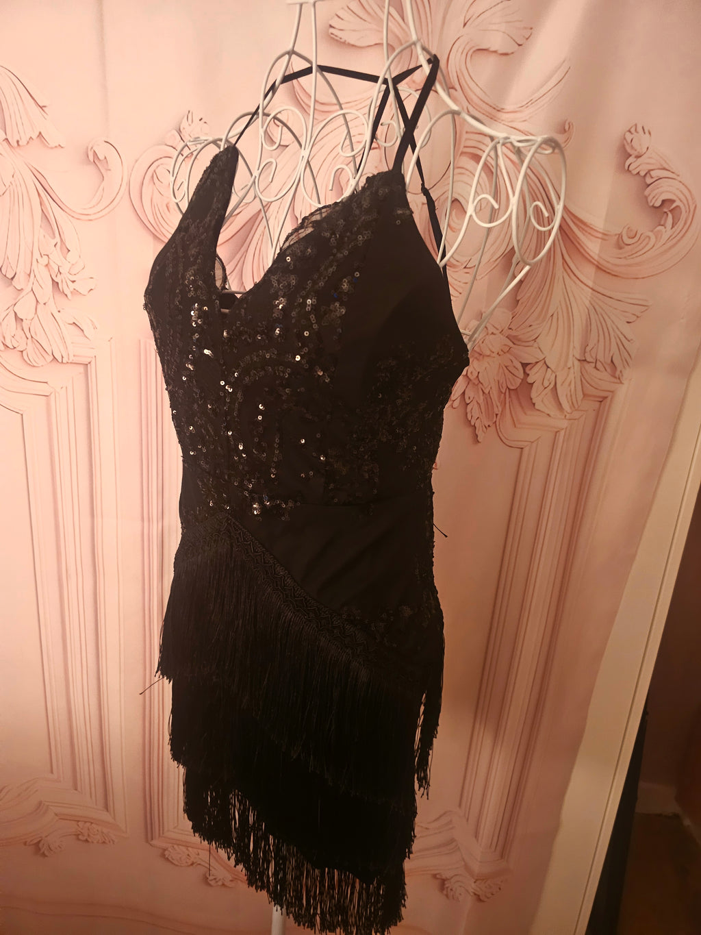 Ladies black evening sequenced fringed cocktail dress