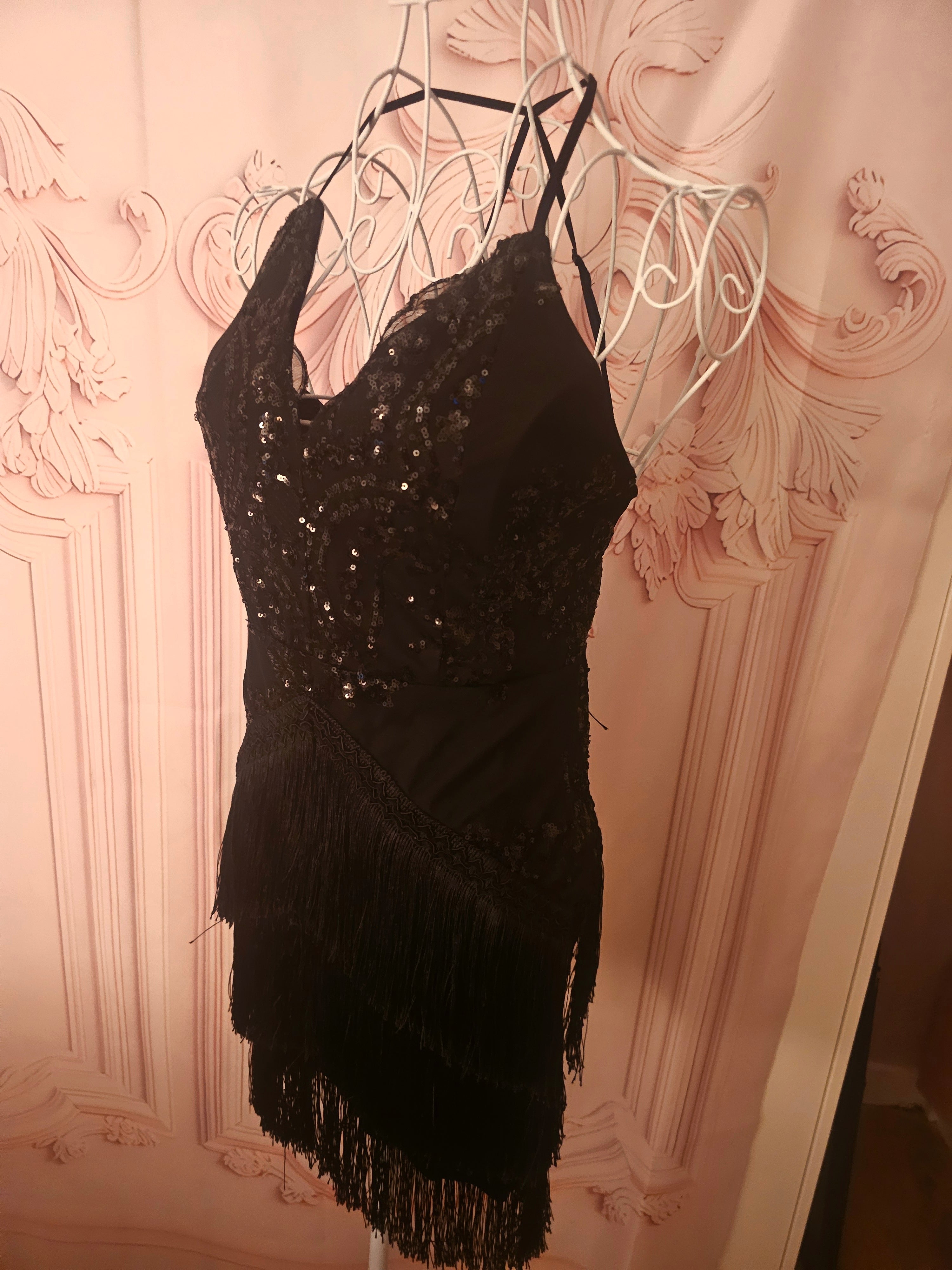 Ladies black evening sequenced fringed cocktail dress