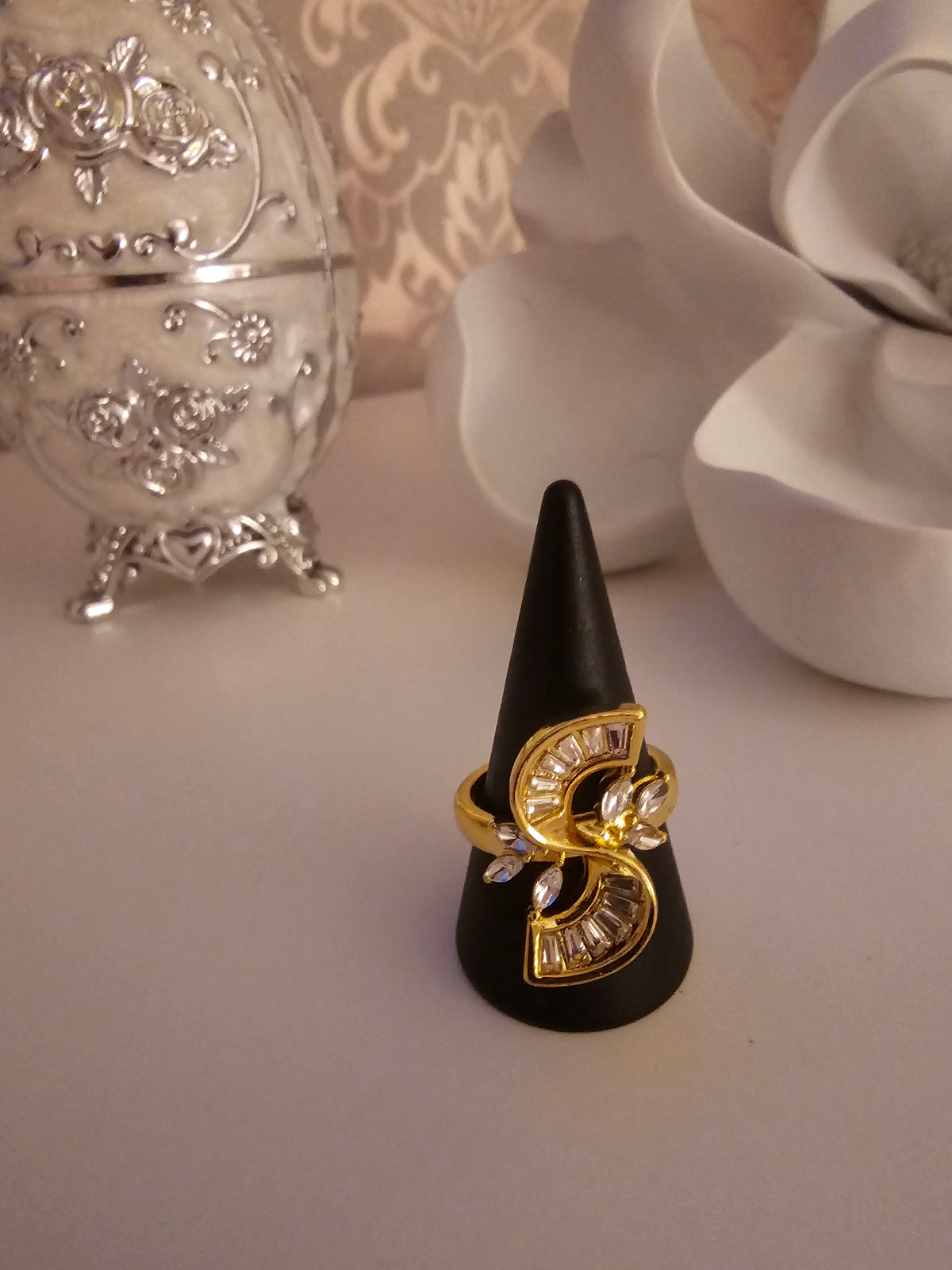 Ladies Yellow Gold with Diamond Swirl Design Dress Ring
