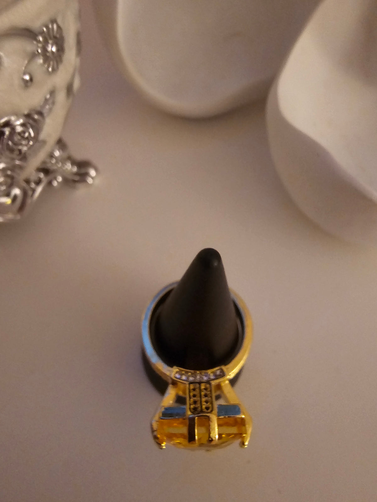 Ladies Gold Dress Ring with Amber Stone Setting with diamond detailing