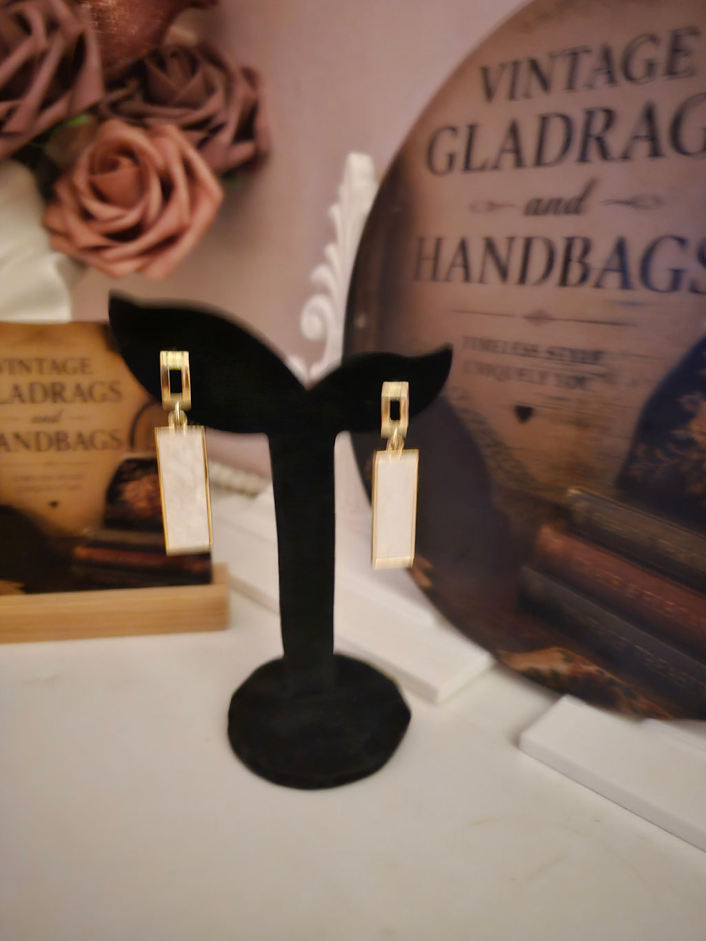 Ladies White Rectangle Droplet Design Earrings