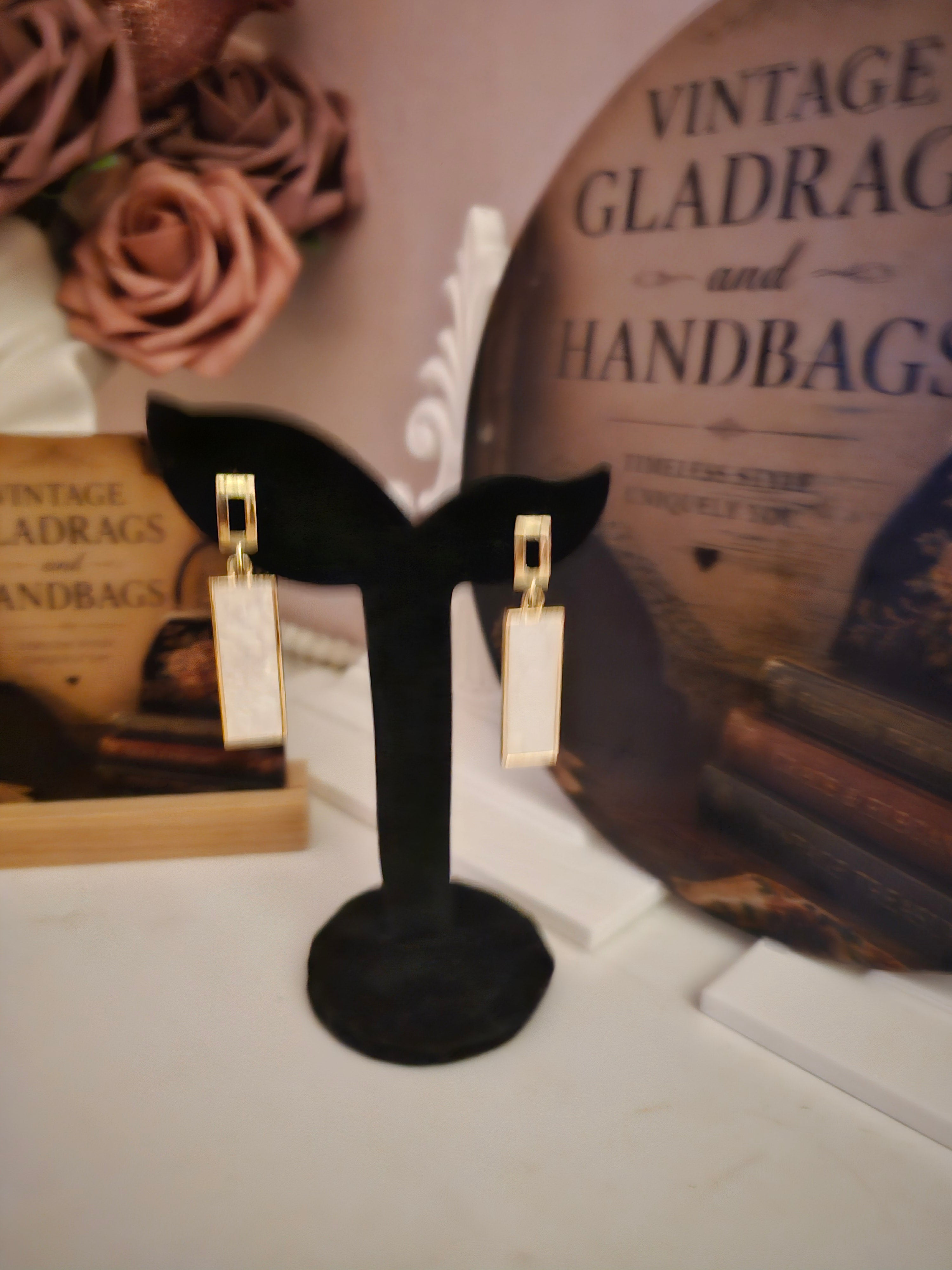 Ladies White Rectangle Droplet Design Earrings
