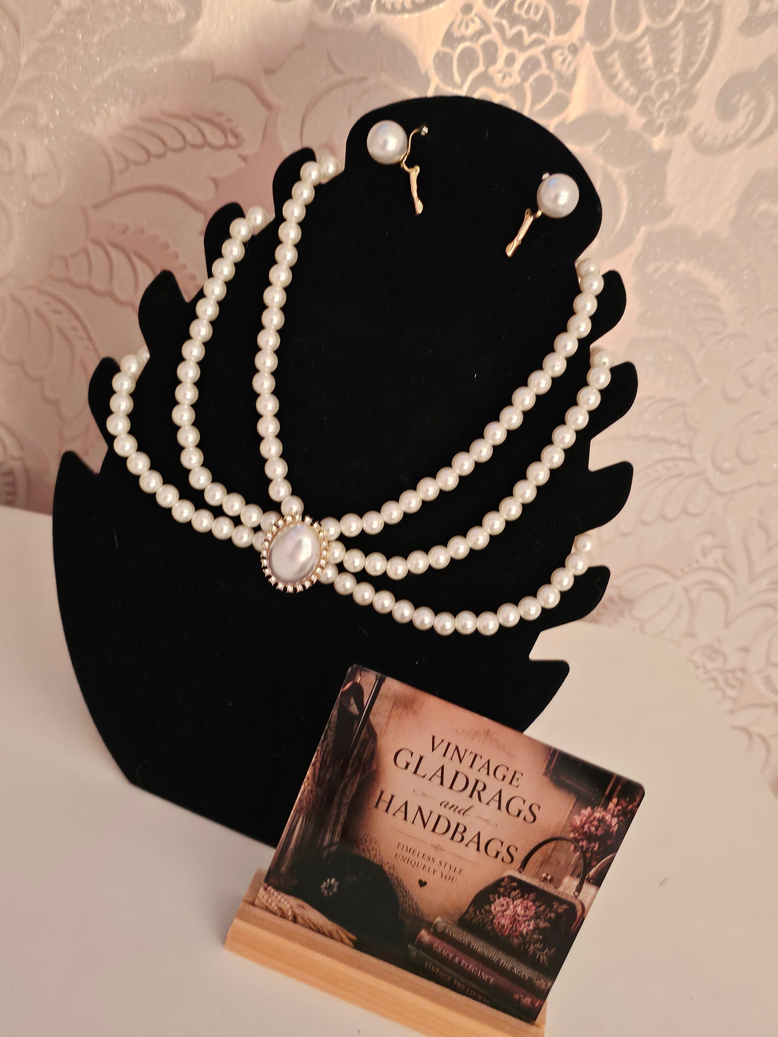 Ladies 3 String Pearl choker with Pearl Ball Earrings