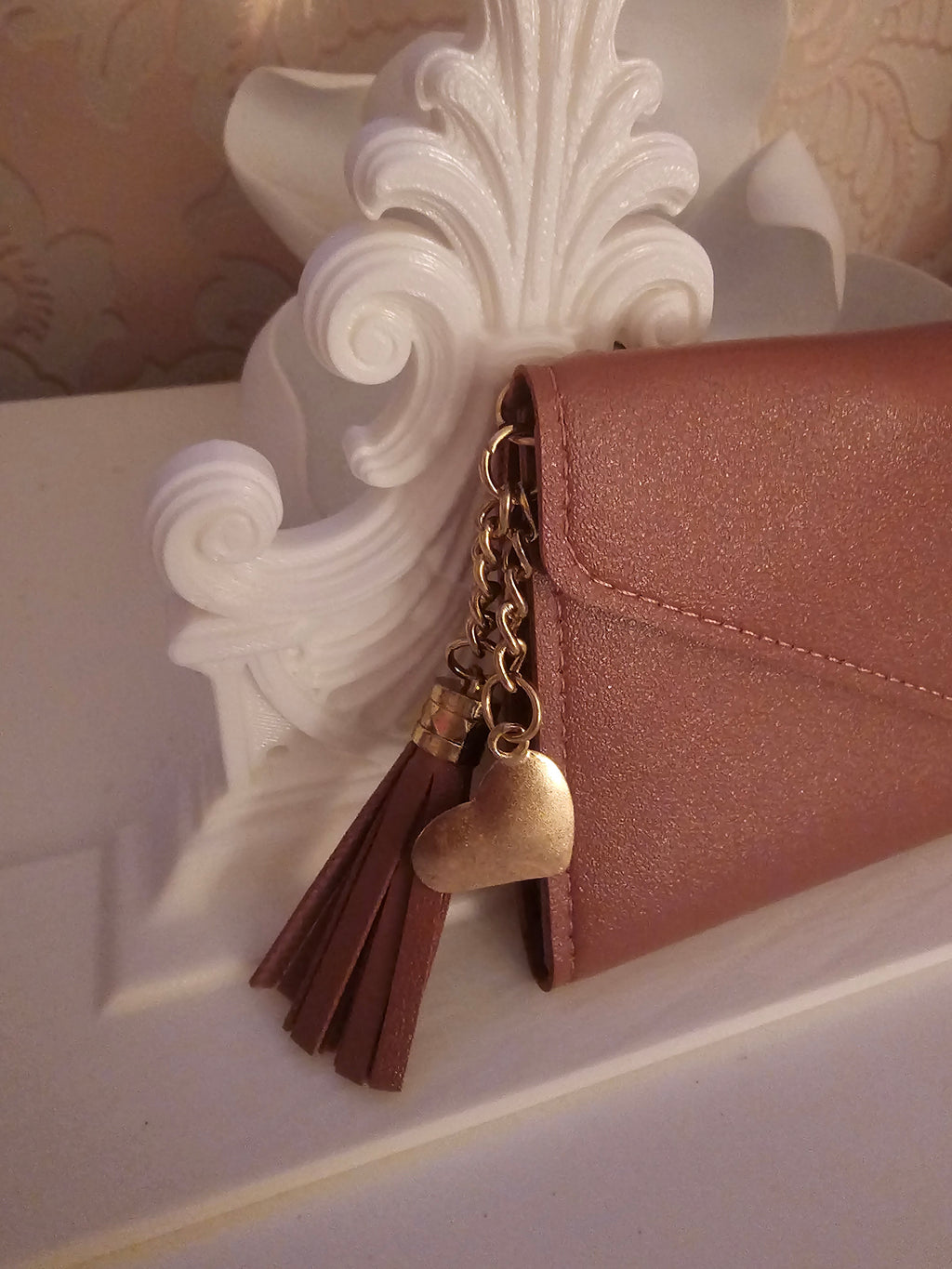 Ladies Brown Large Purse with Gold Heart & Tassel Pendant