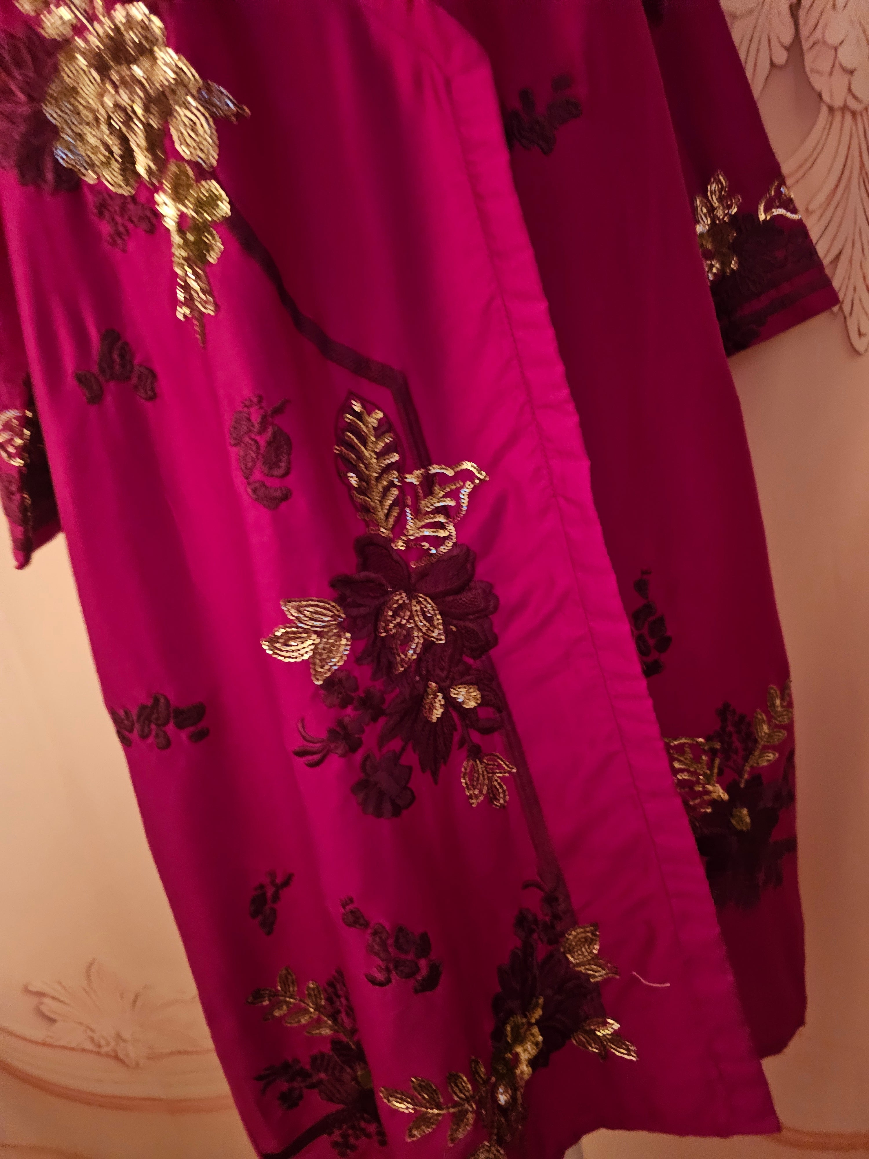 Limelight Cerise Pink Satin Embroidered Dress — 3/4 Sleeve — Size S