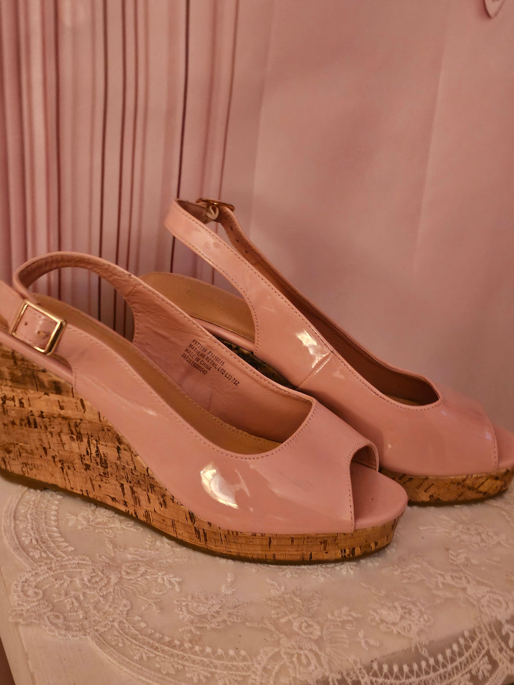 Pink Paitent Toeless Cork Slingback Wedges