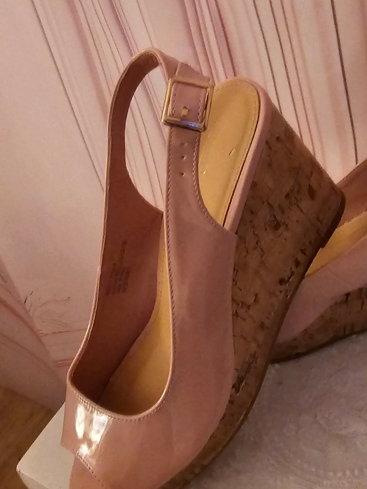 Pink Paitent Toeless Cork Slingback Wedges