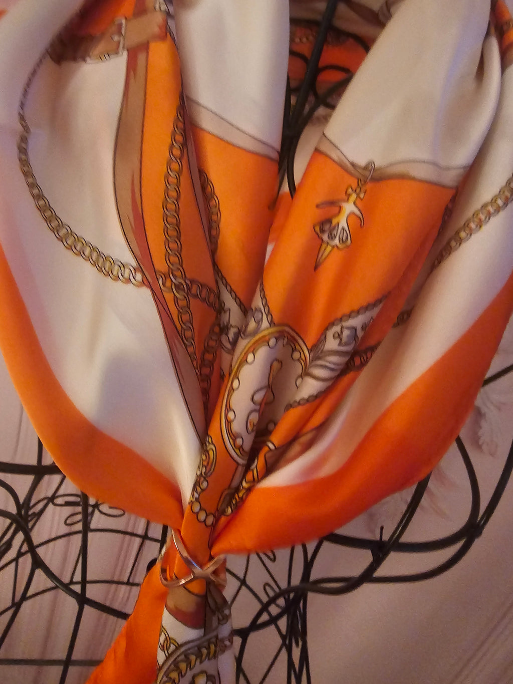 Ladies Orange & Cream with Classy Gold Detailing Silk Blend Head/Neck  Scarf