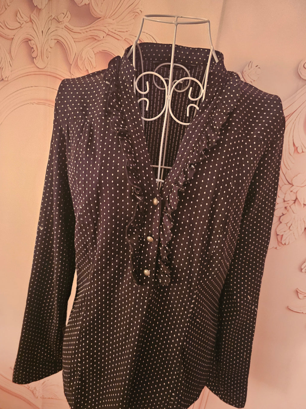 Ladies Next Black & White Polka Dot frilled Top