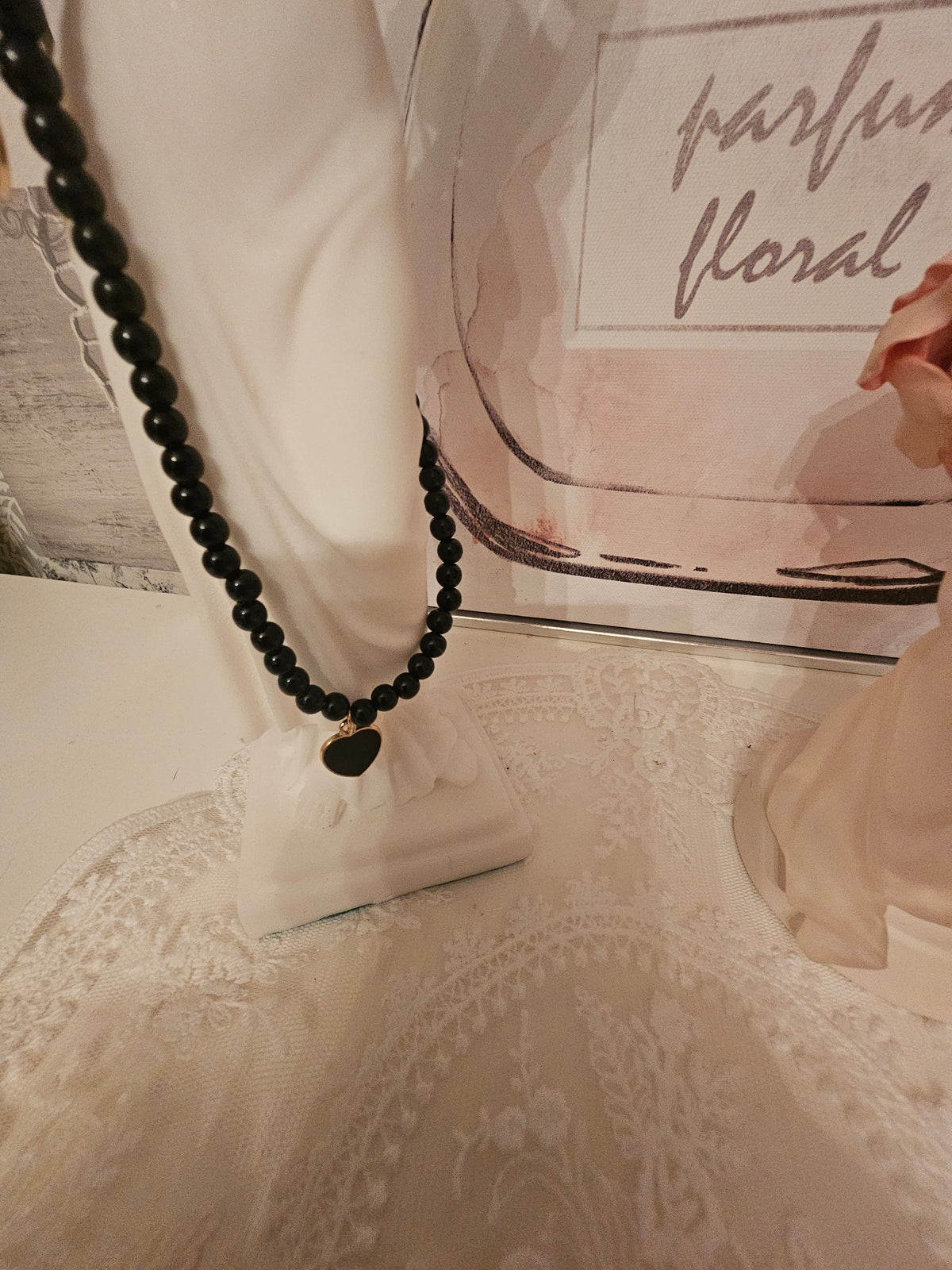 Ladies black pearl necklace with black loveheart pendant with matching bracelet and earrings
