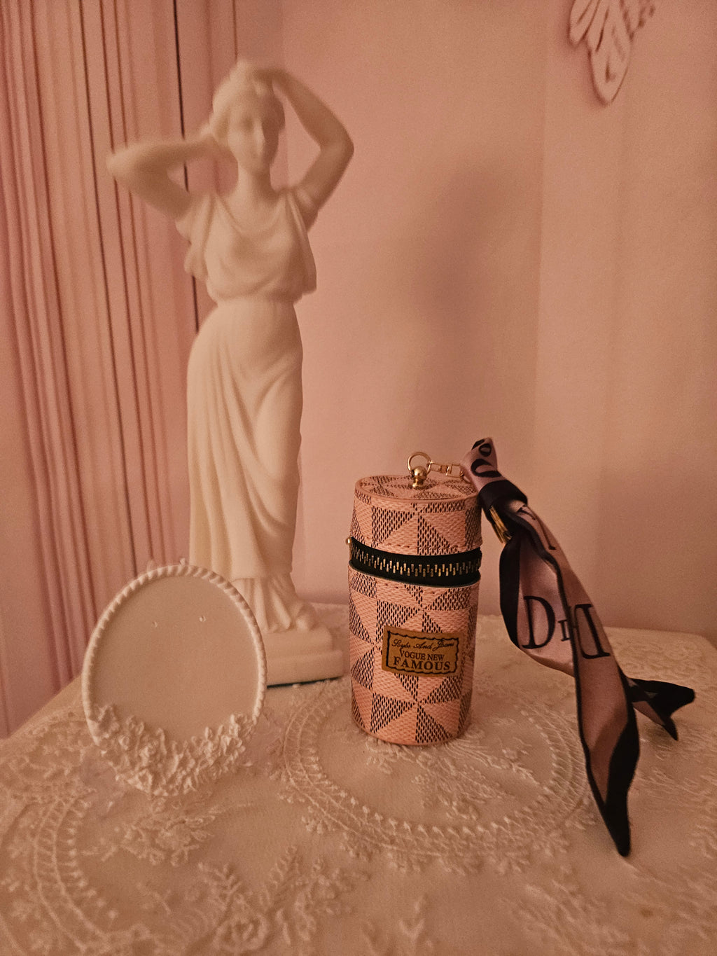 Ladies pink check Lipstick or Key holder