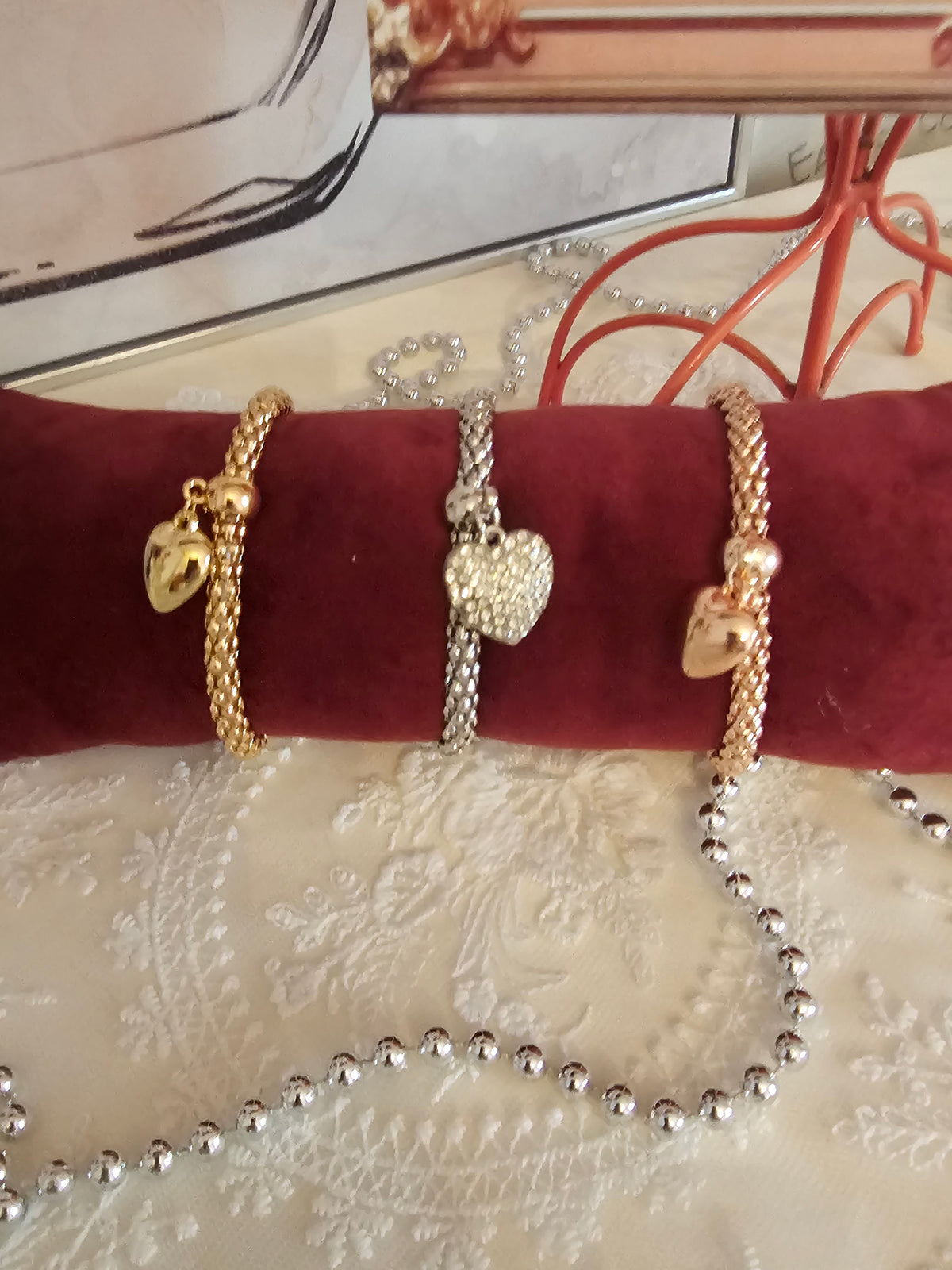Ladies 3 x bracelets with heart charm set 1 x silver 1 x gold 1 x rose gold