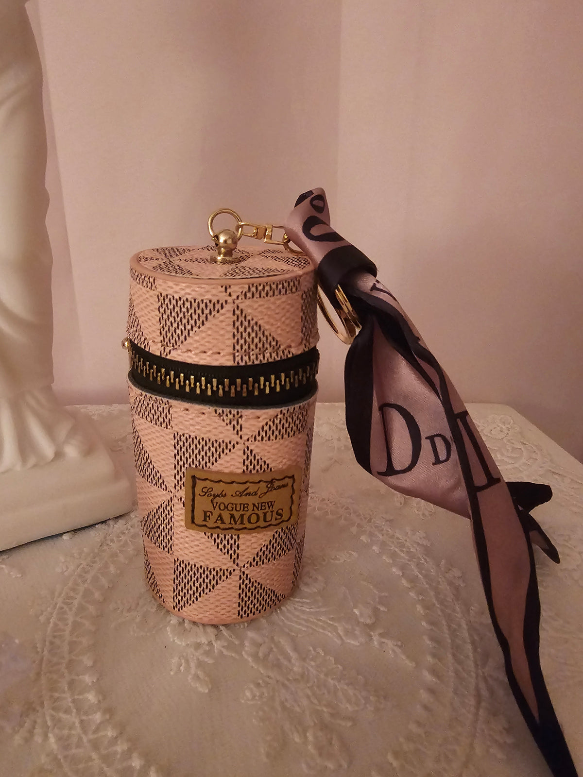 Ladies pink check Lipstick or Key holder