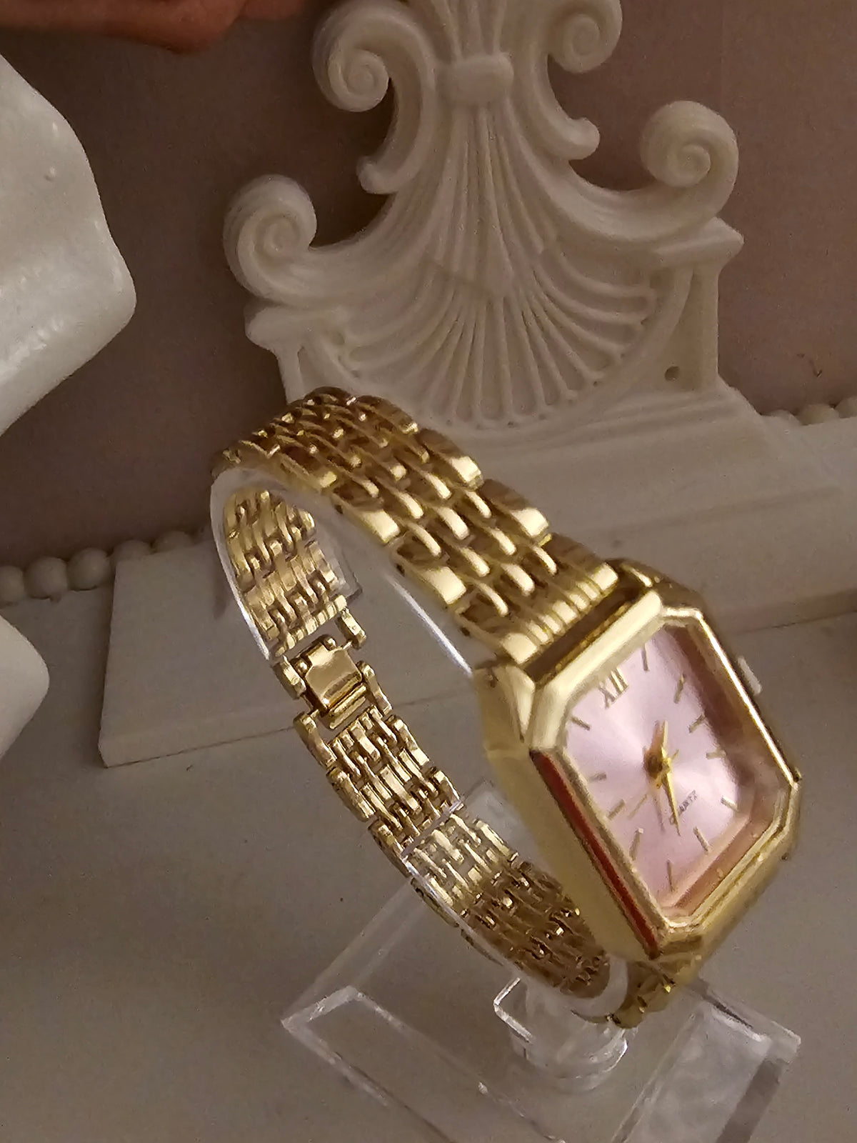 Ladies Gold Chain Bracelet with Pink Square Faced Watch
