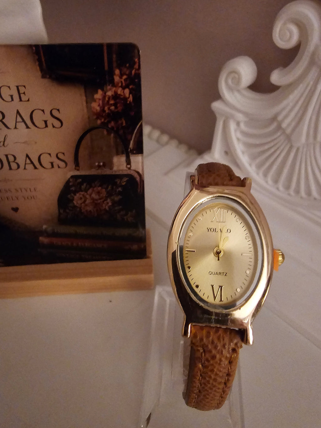 Ladies Tan Strap with Gold Oval Faced Watch
