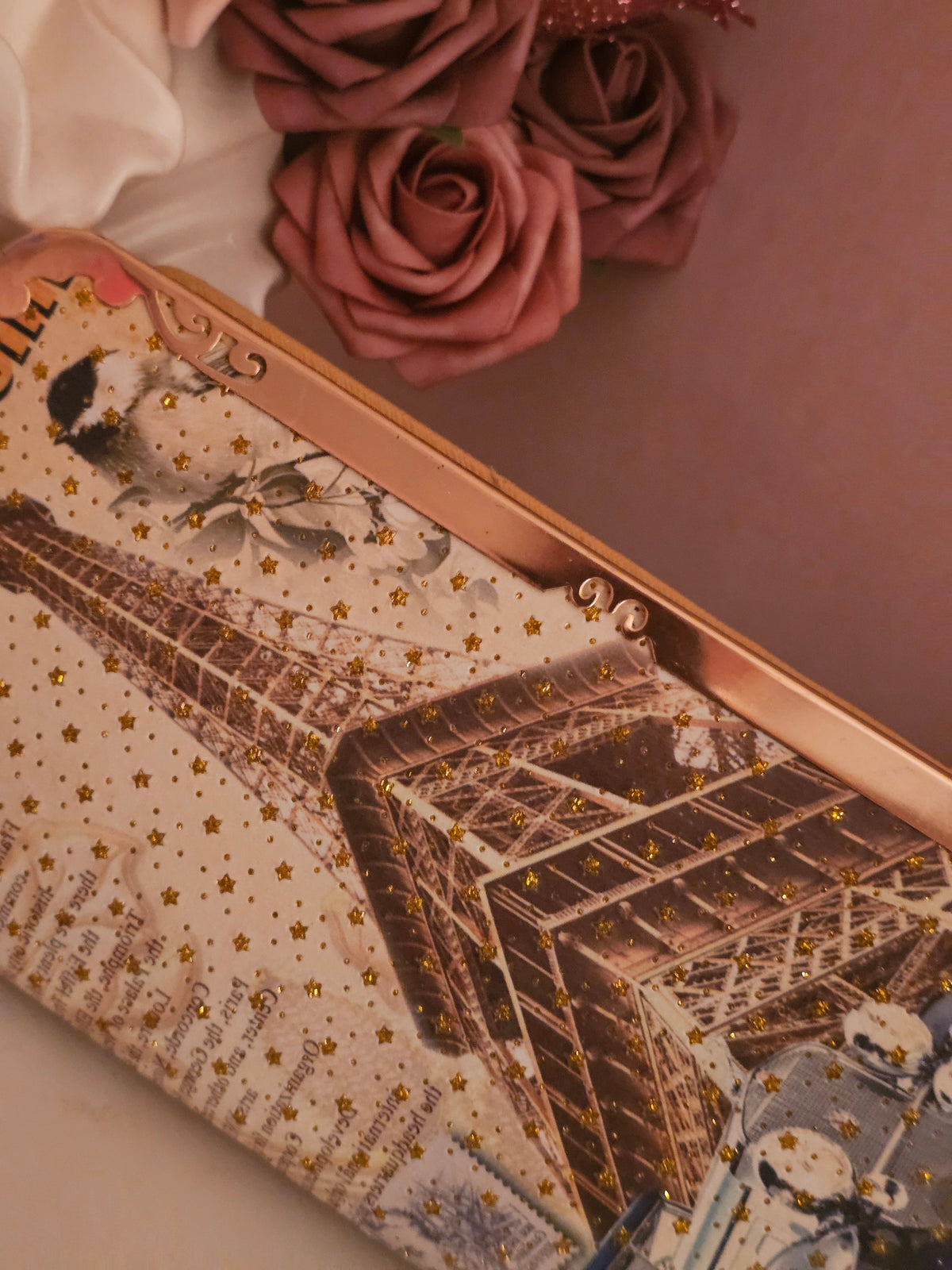 Ladies Large Classy Gold Purse with Paris Print Design
