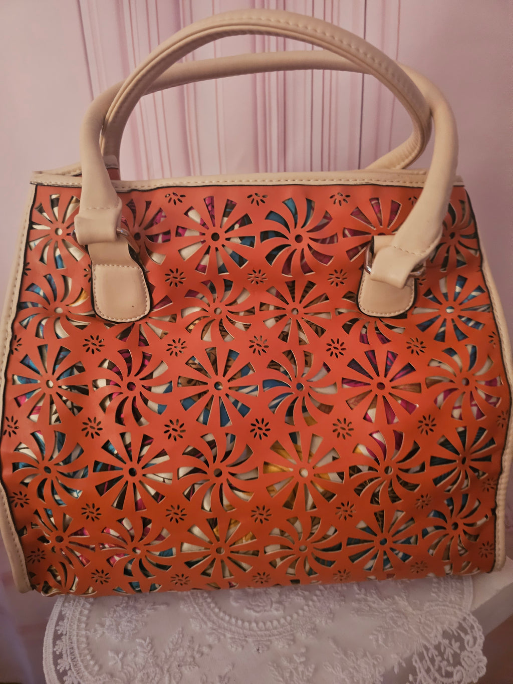 Ladies Leather Orange & Cream unusual Handbag