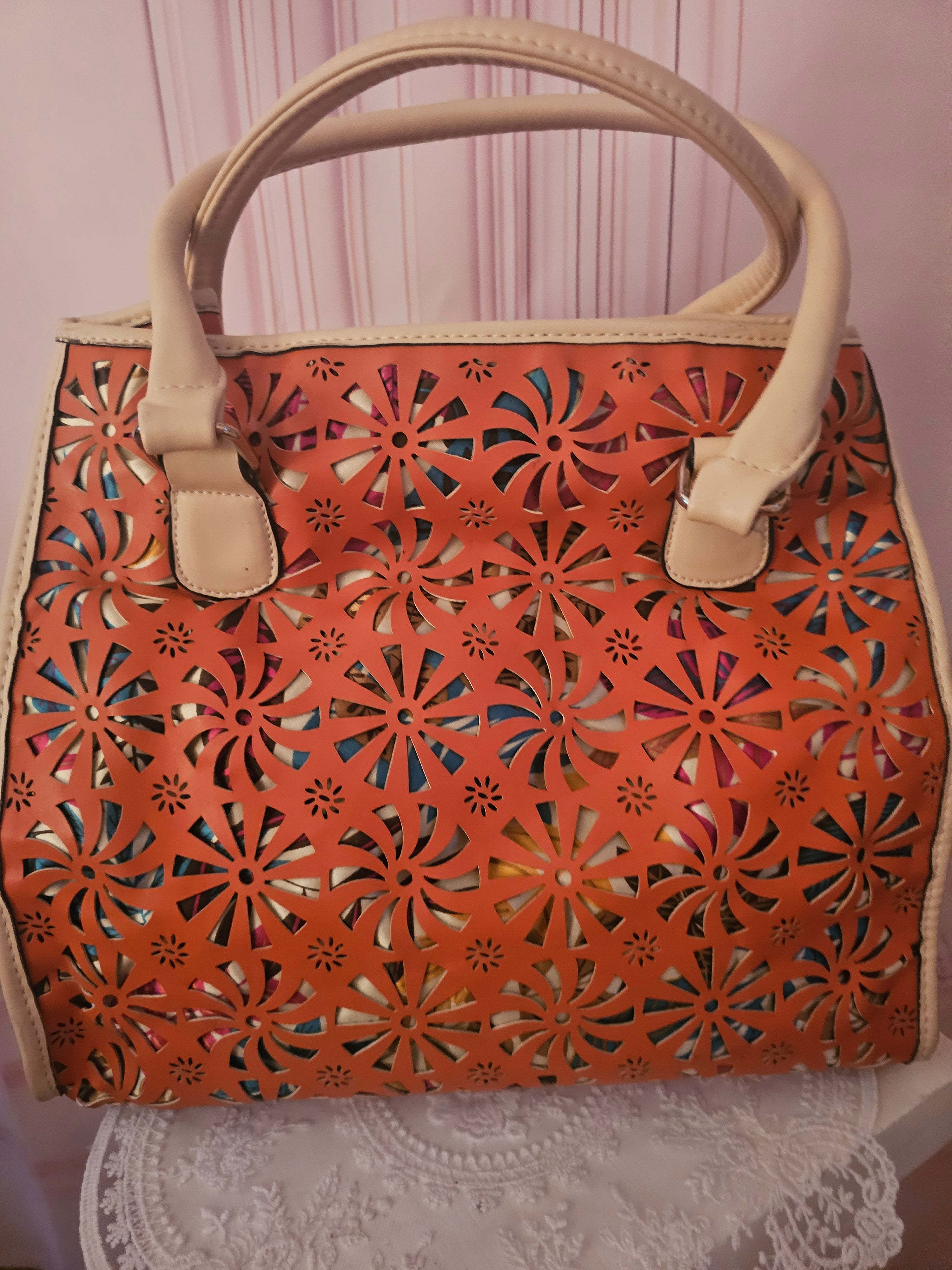 Ladies Leather Orange & Cream unusual Handbag