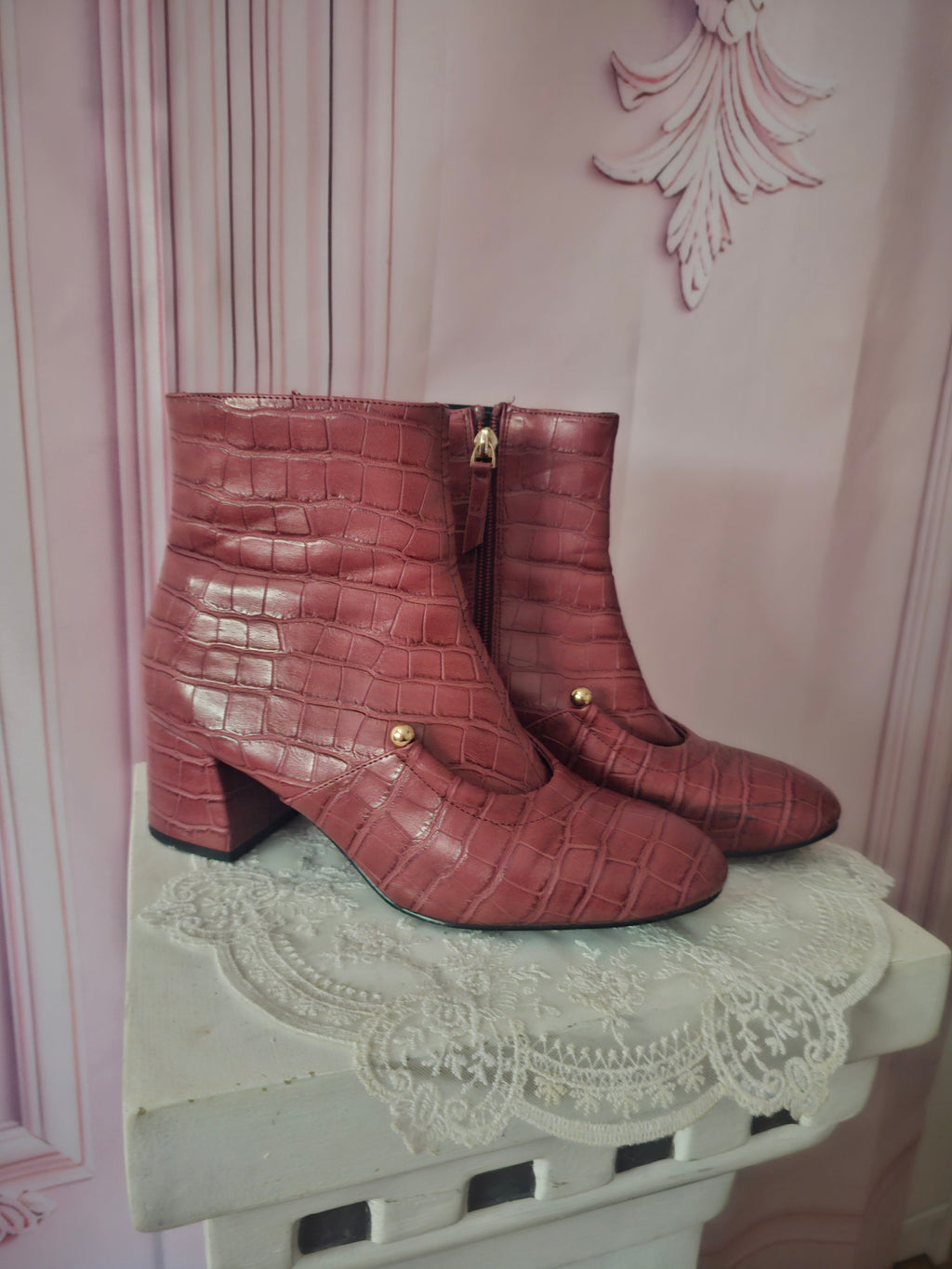 Pink Crocodile Skin Paitent Ankle Boots