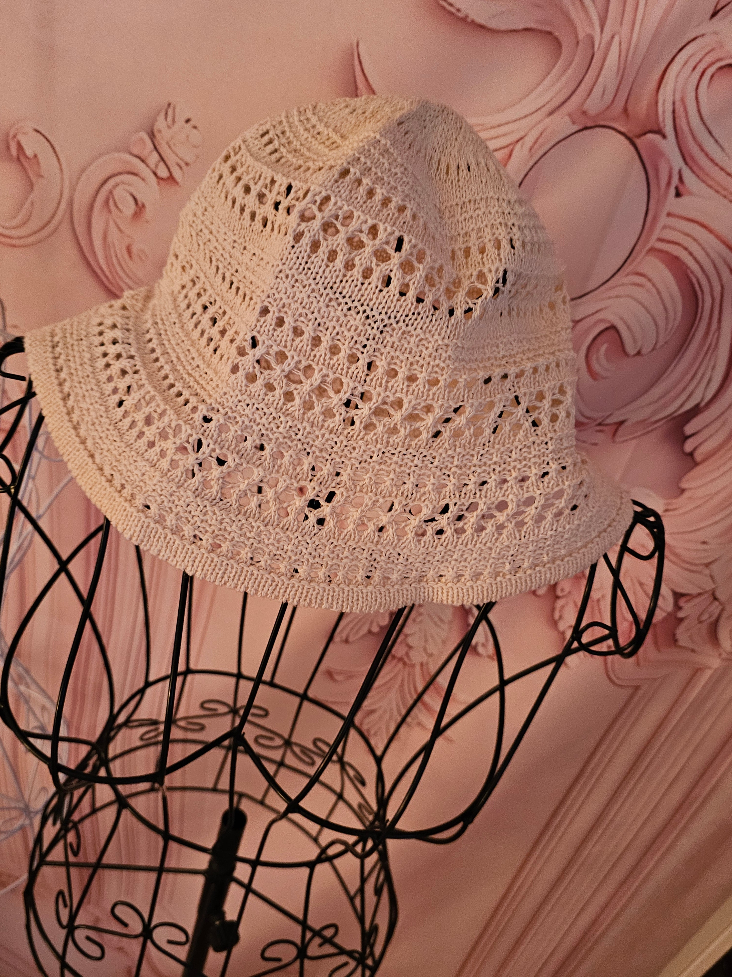 Ladies Cream Crochet Canvas Hat