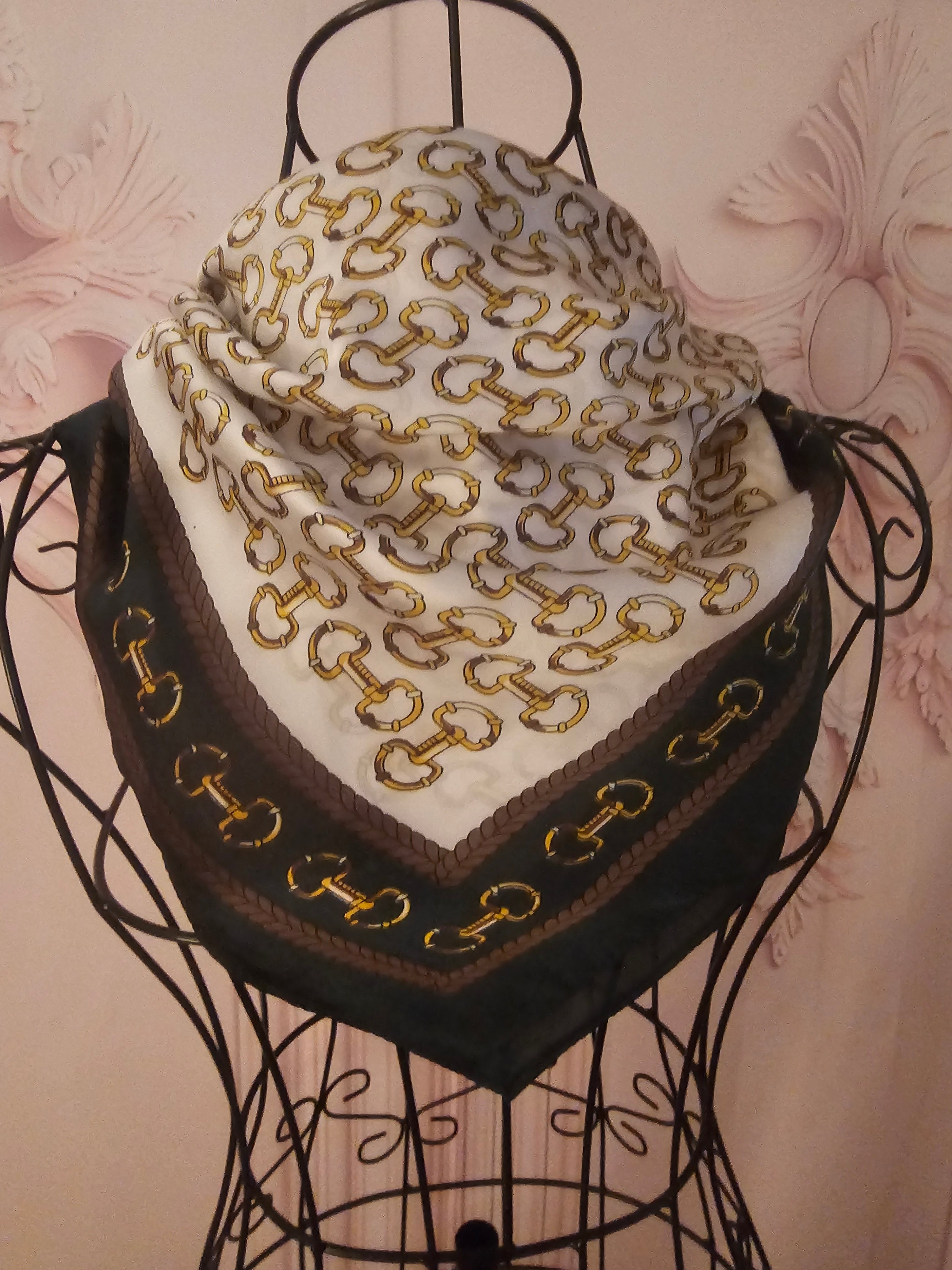 Ladies Silk Blend Dark Green & Cream with Gold Chain Design Head / Neck Scarf