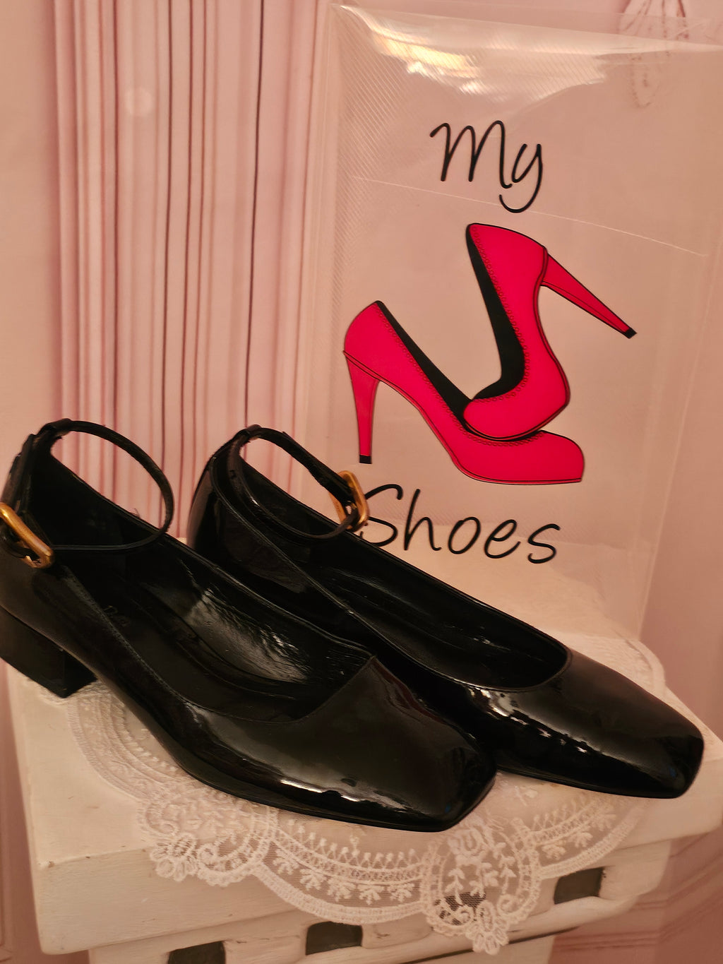 Ladies Black Paitent Massimo Dutti Buckle Ankle Strap Ballet Style Flats