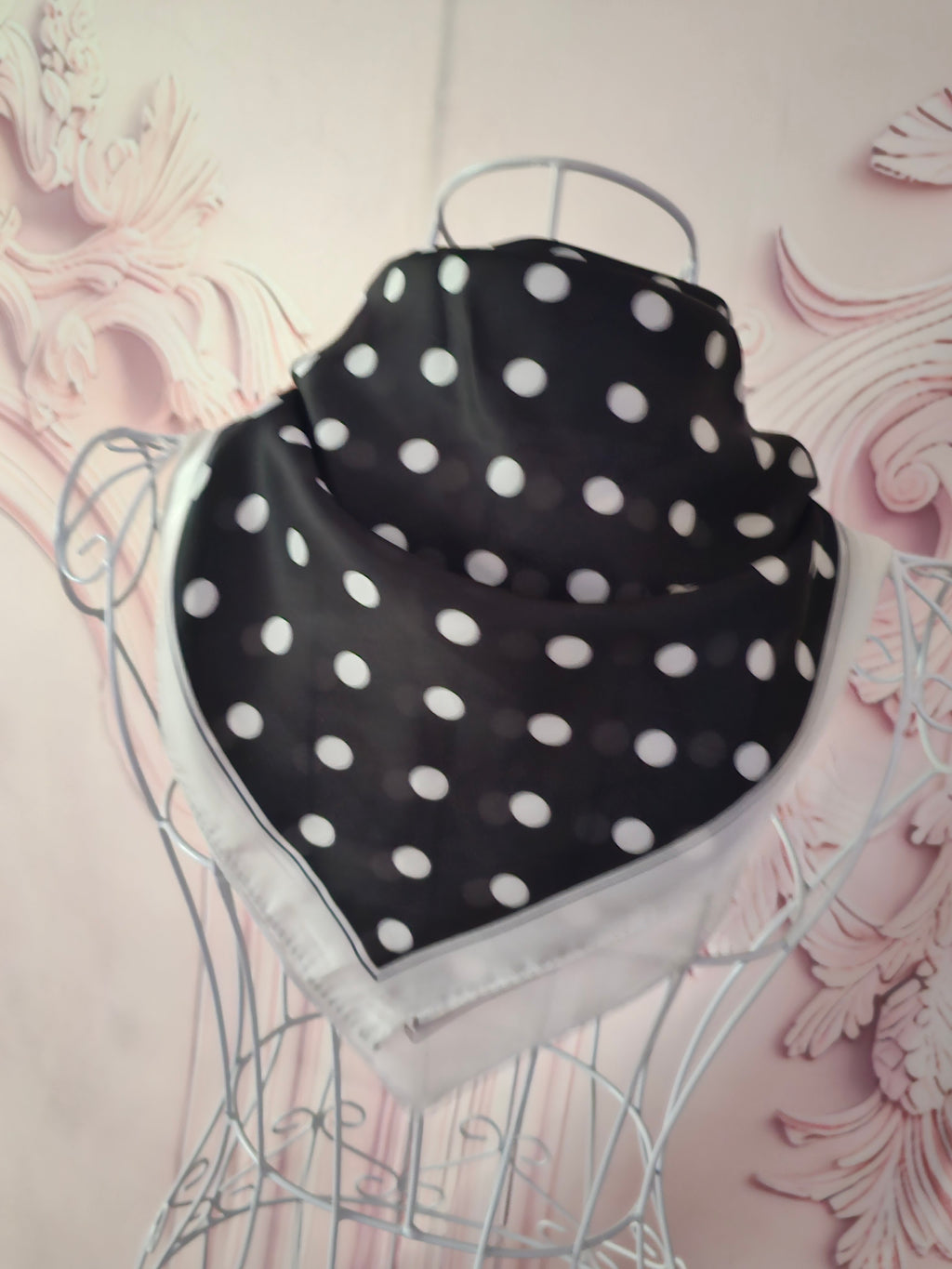 Ladies Black and White Polka Dot Silk Head Scarf