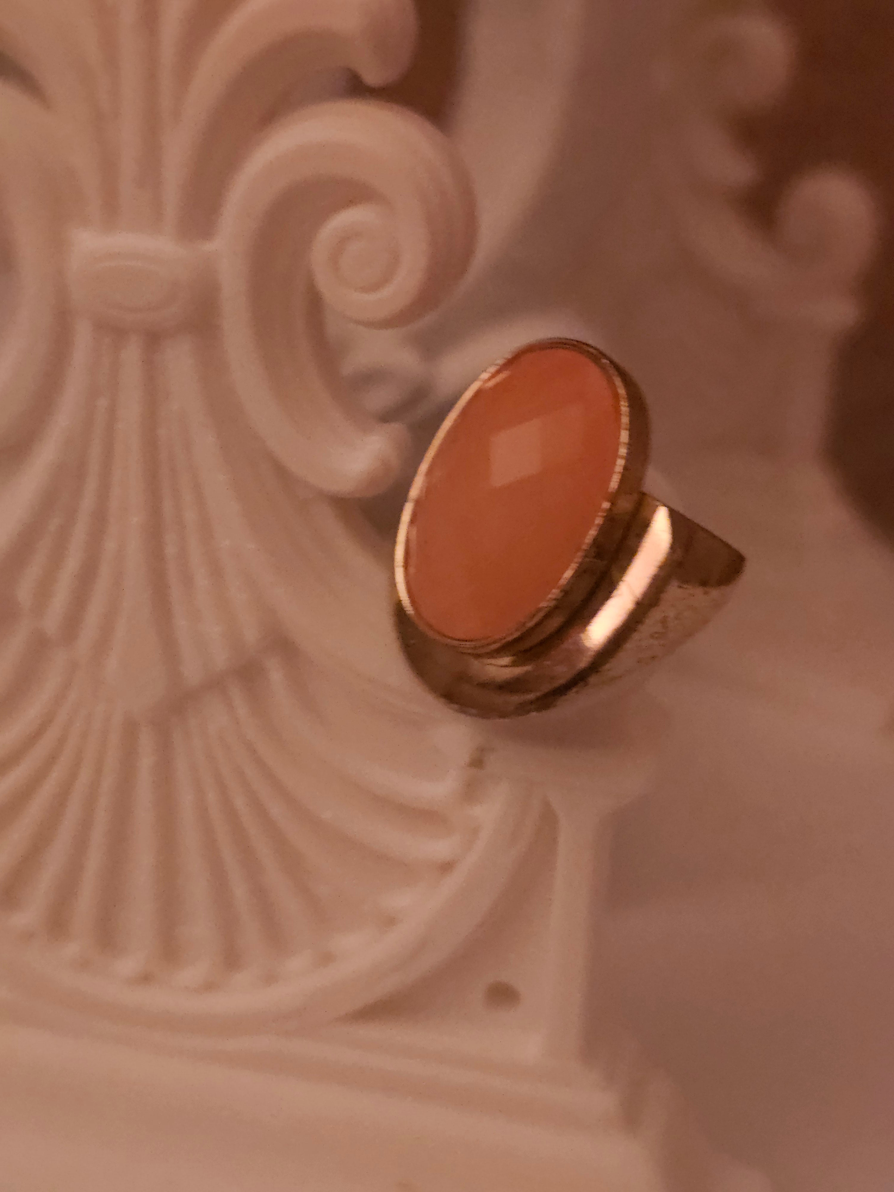 Ladies large coral stone gold plated dress ring