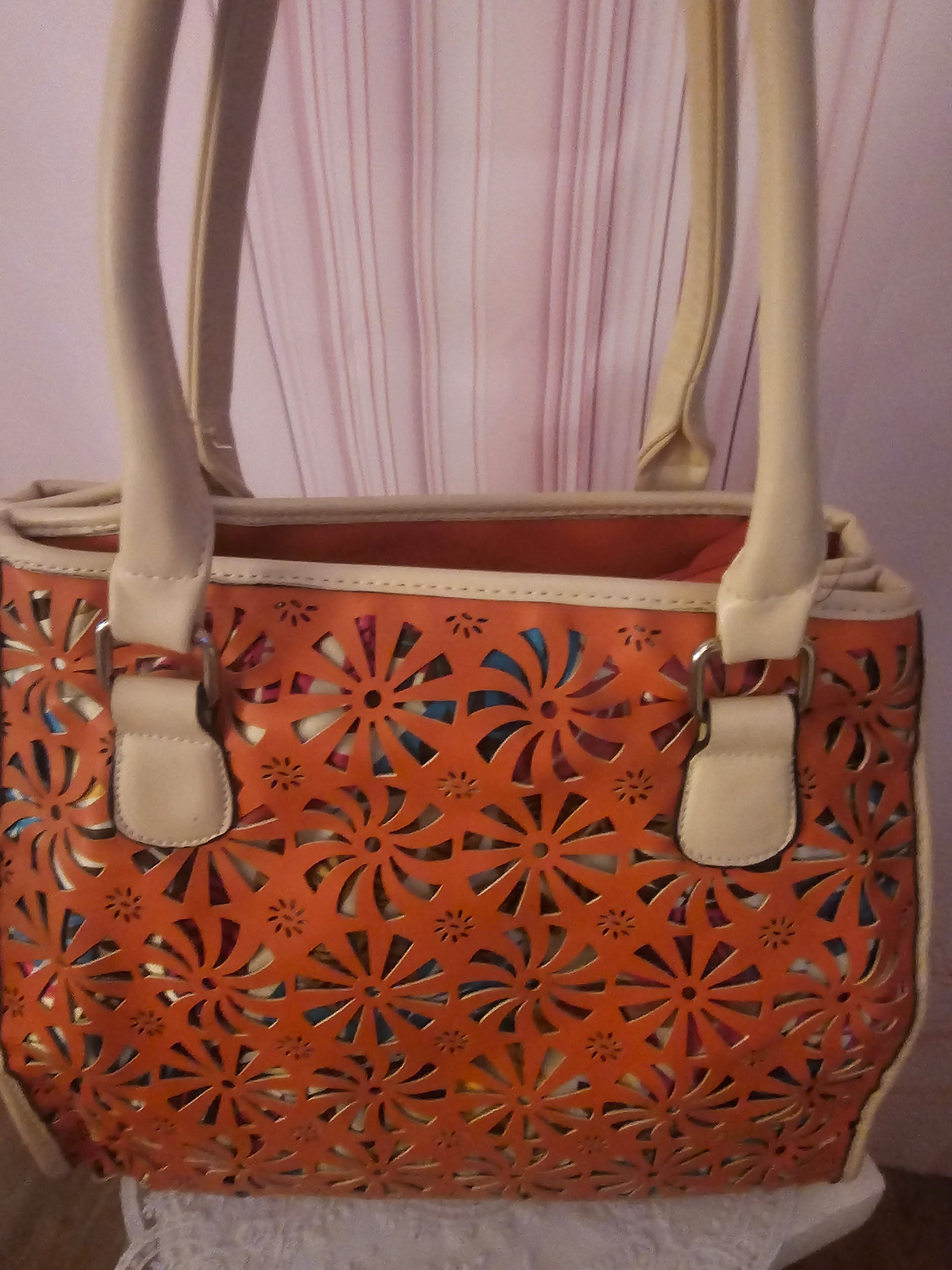 Ladies Leather Orange & Cream unusual Handbag
