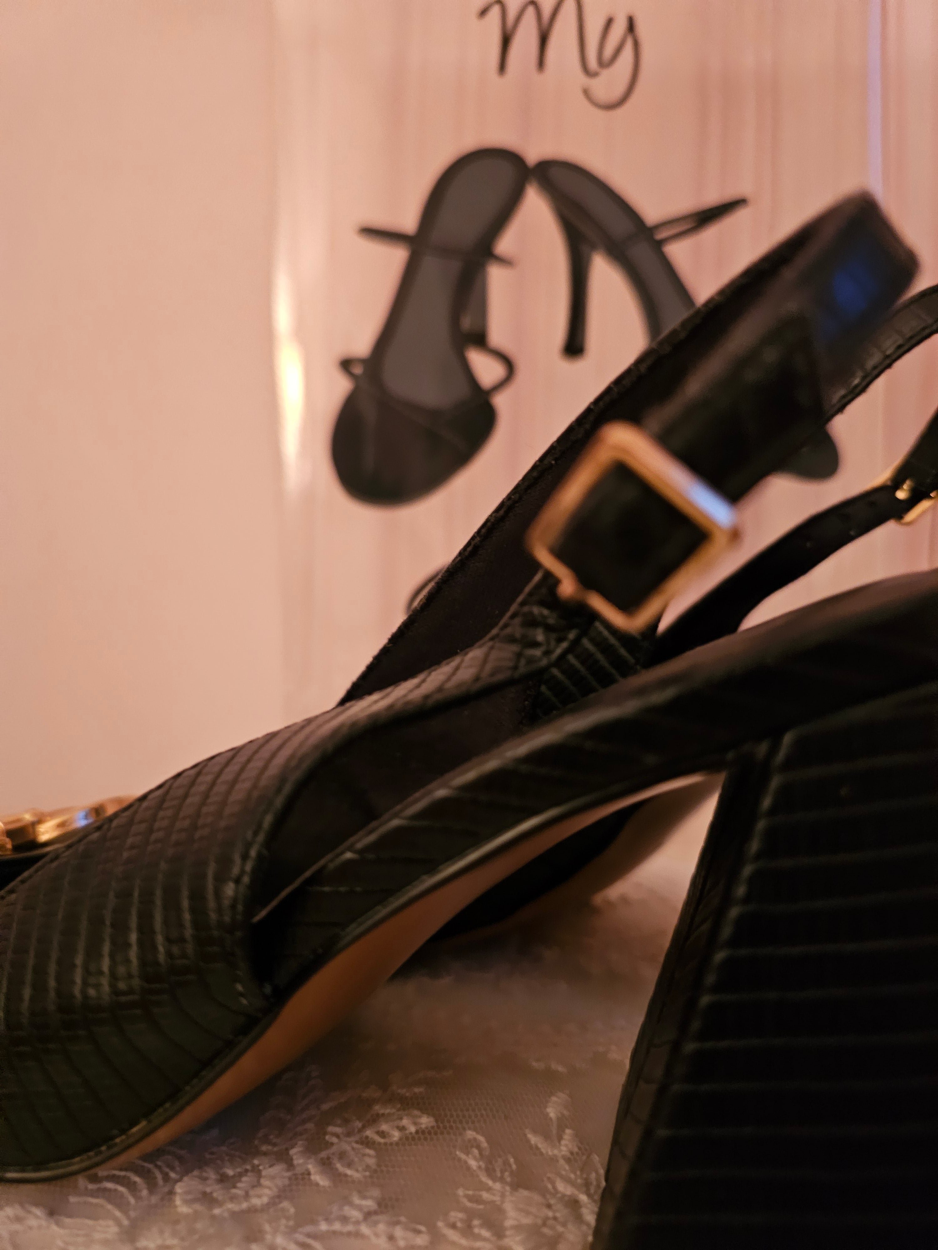 Ladies Black Patent Square Toes Block Heel Slingbacks