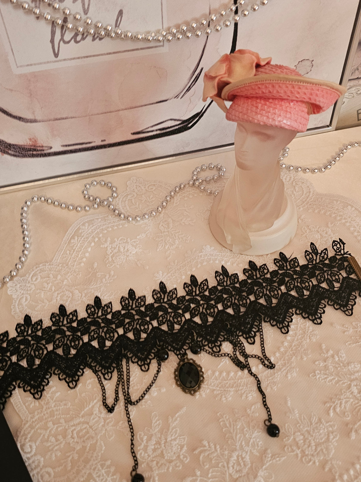 Ladies Black lacy With Jewels Choker Necklace