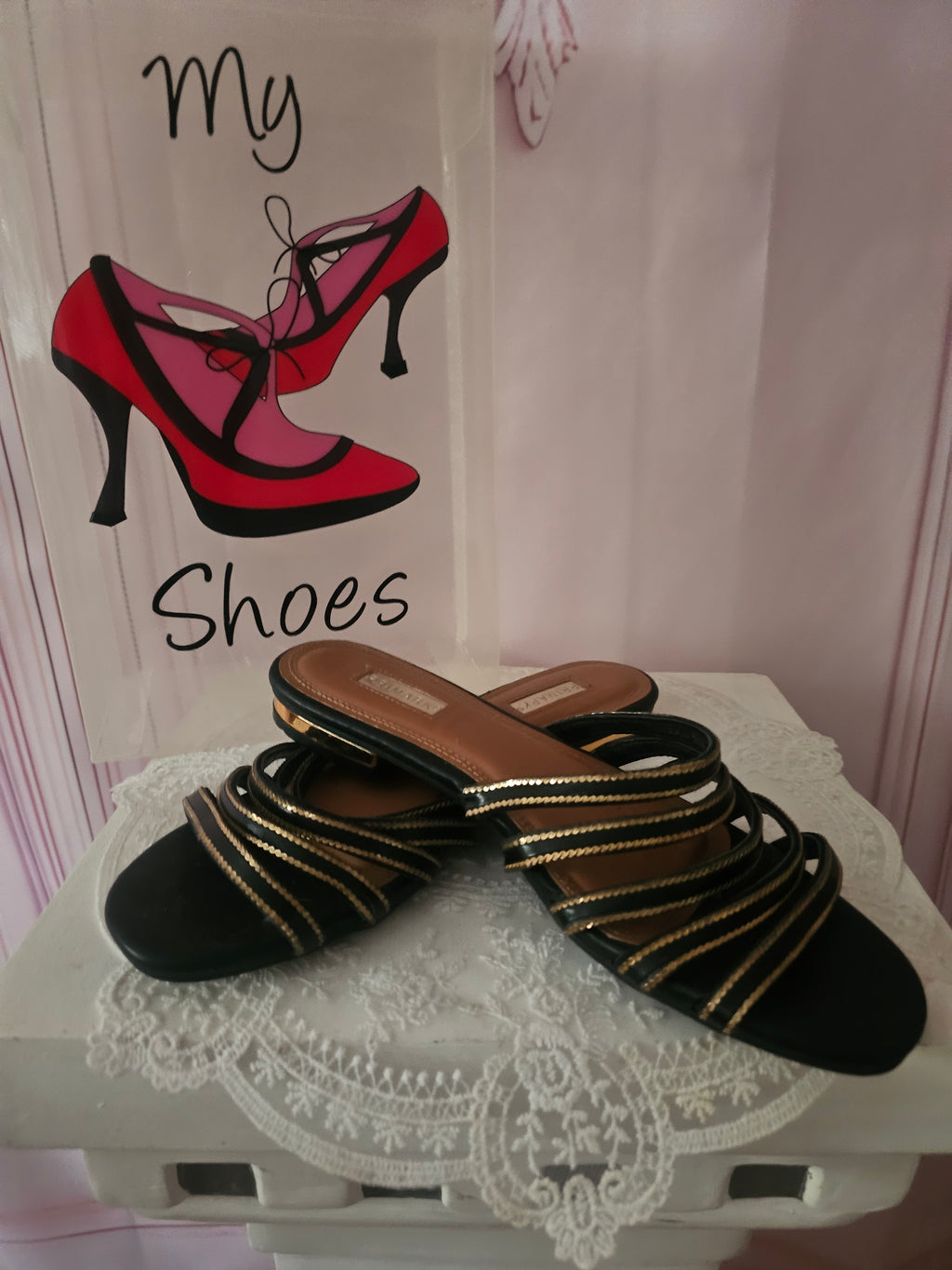 Ladies 2 x Strappy Slip ons with Gold Design Flat Heels 1 x black 1 x white
