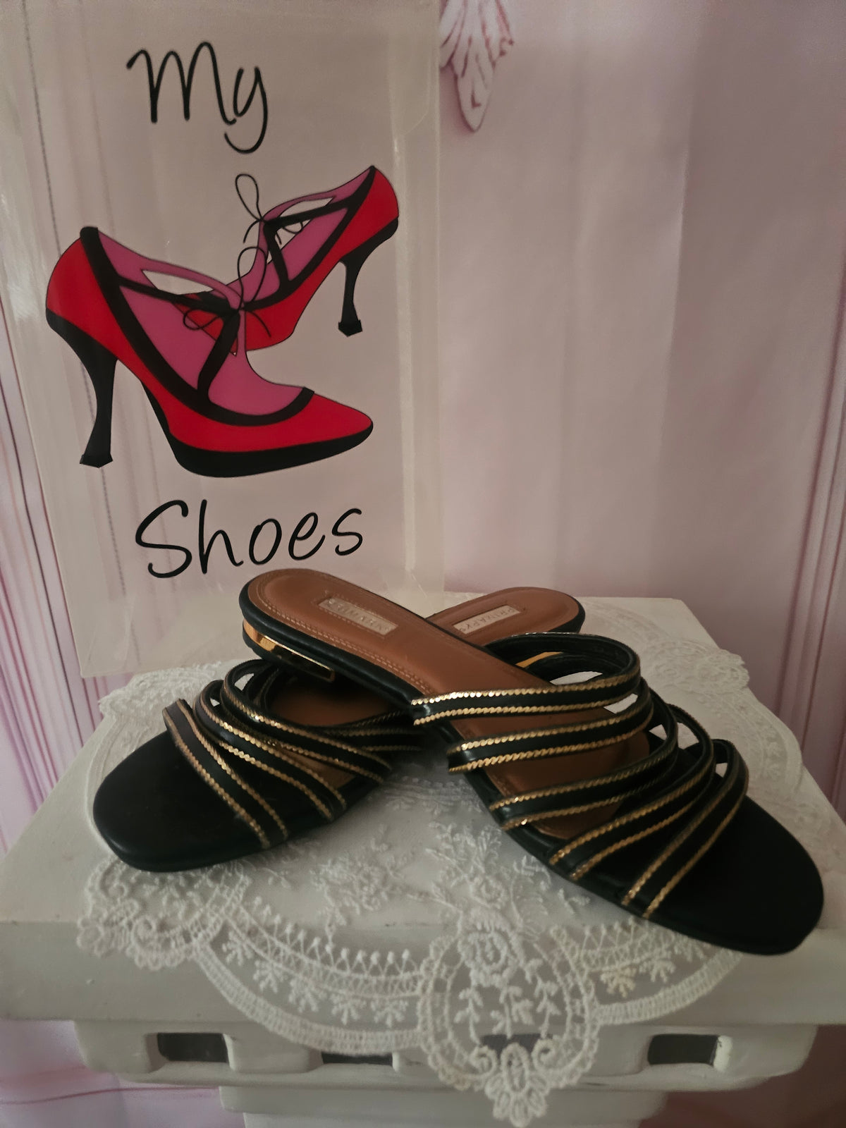 Ladies 2 x Strappy Slip ons with Gold Design Flat Heels 1 x black 1 x white