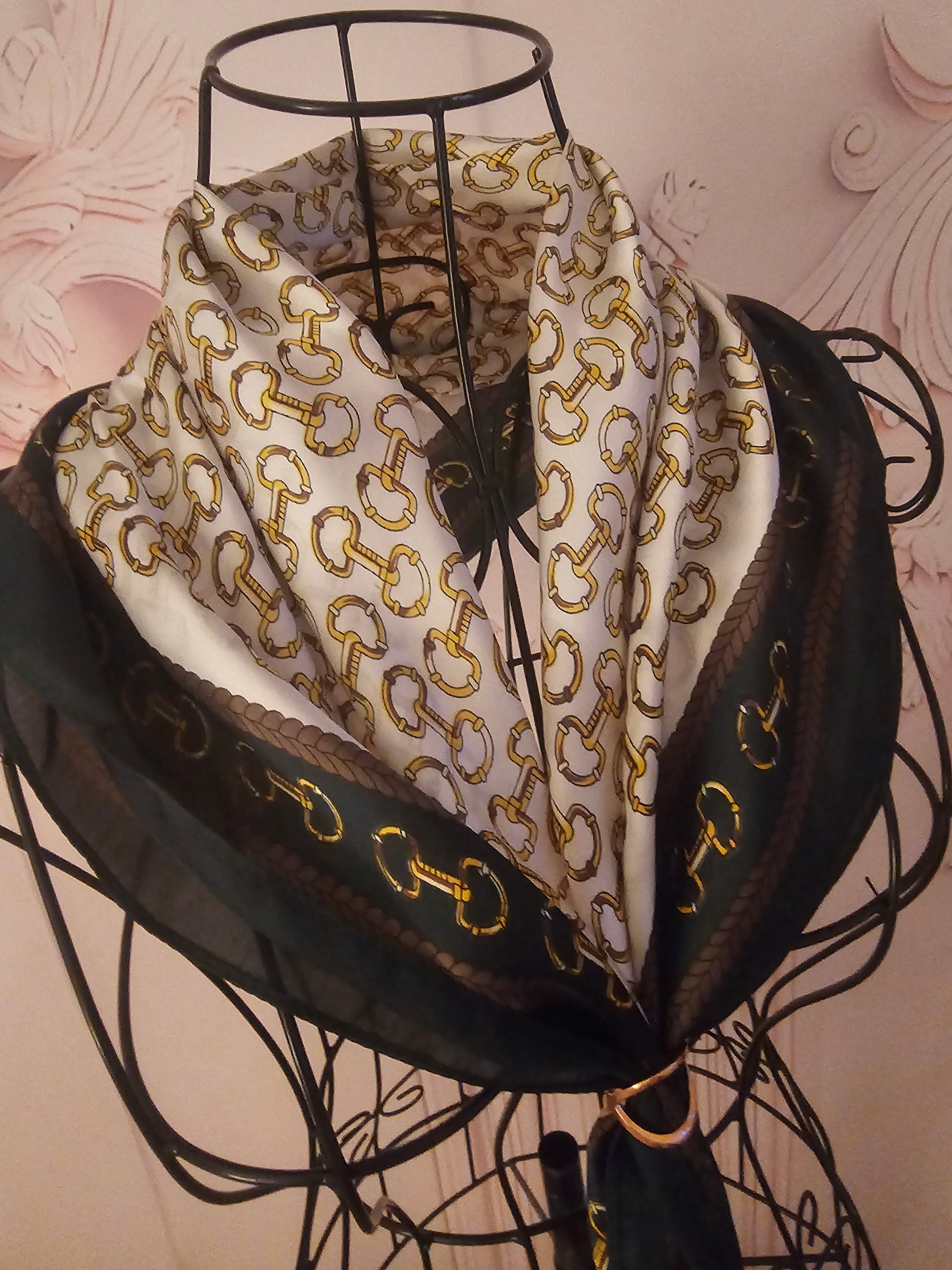 Ladies Silk Blend Dark Green & Cream with Gold Chain Design Head / Neck Scarf